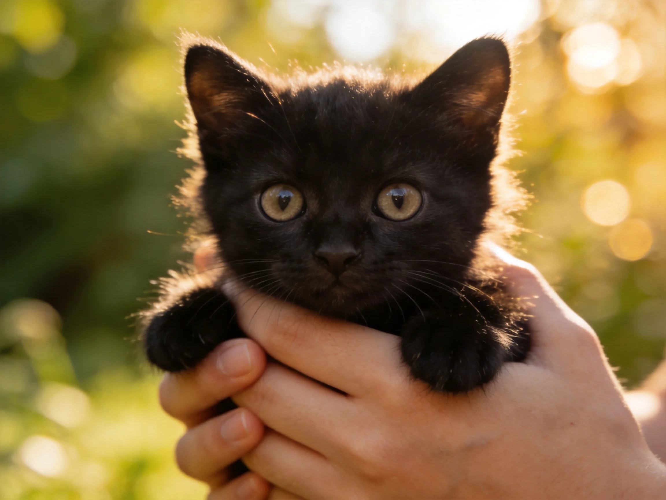 A small black kitten cradled in human hands amid a sunlit green backdrop