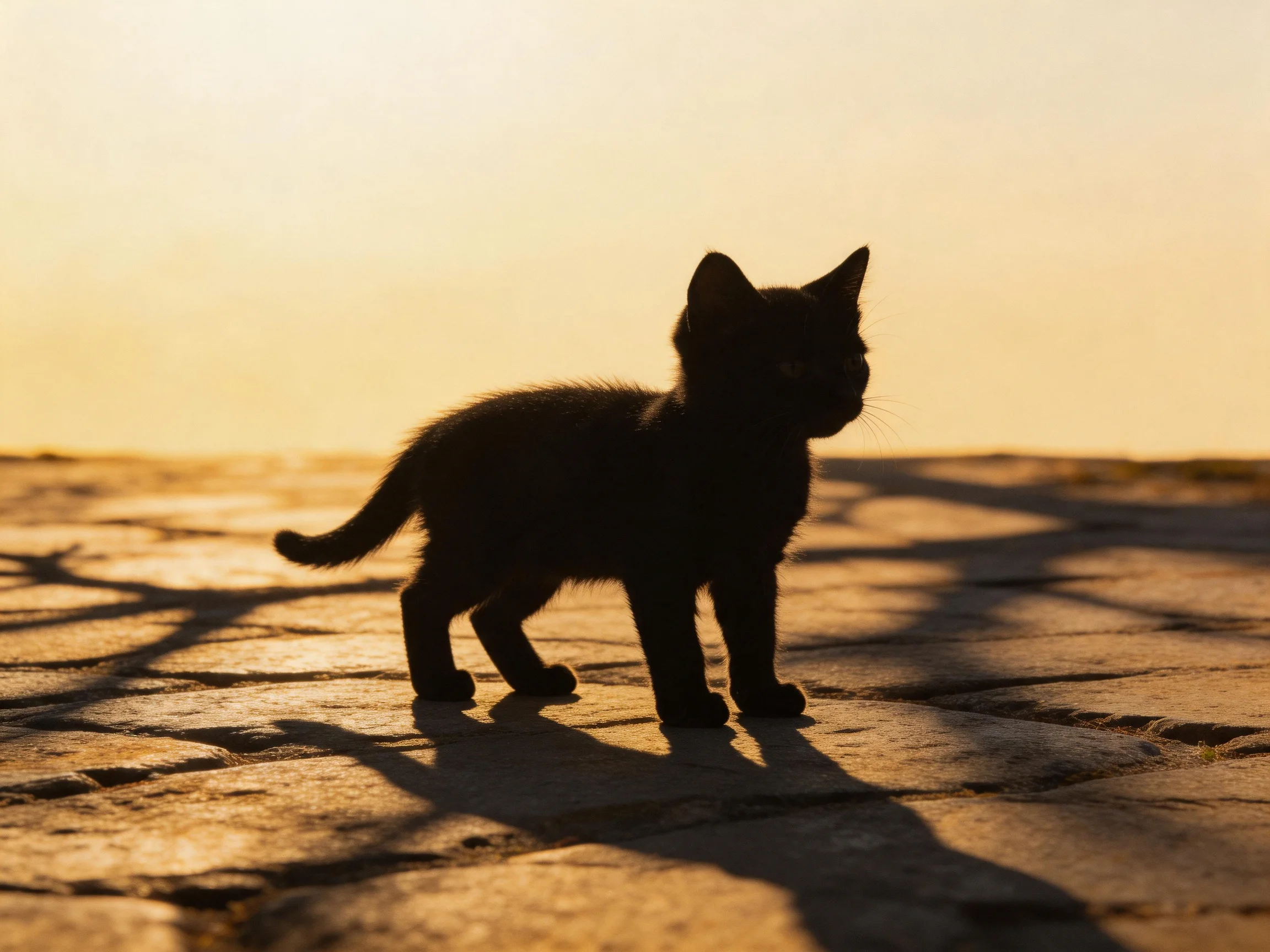 A small black kitten is silhouetted on stone pavement as the sun sets.
