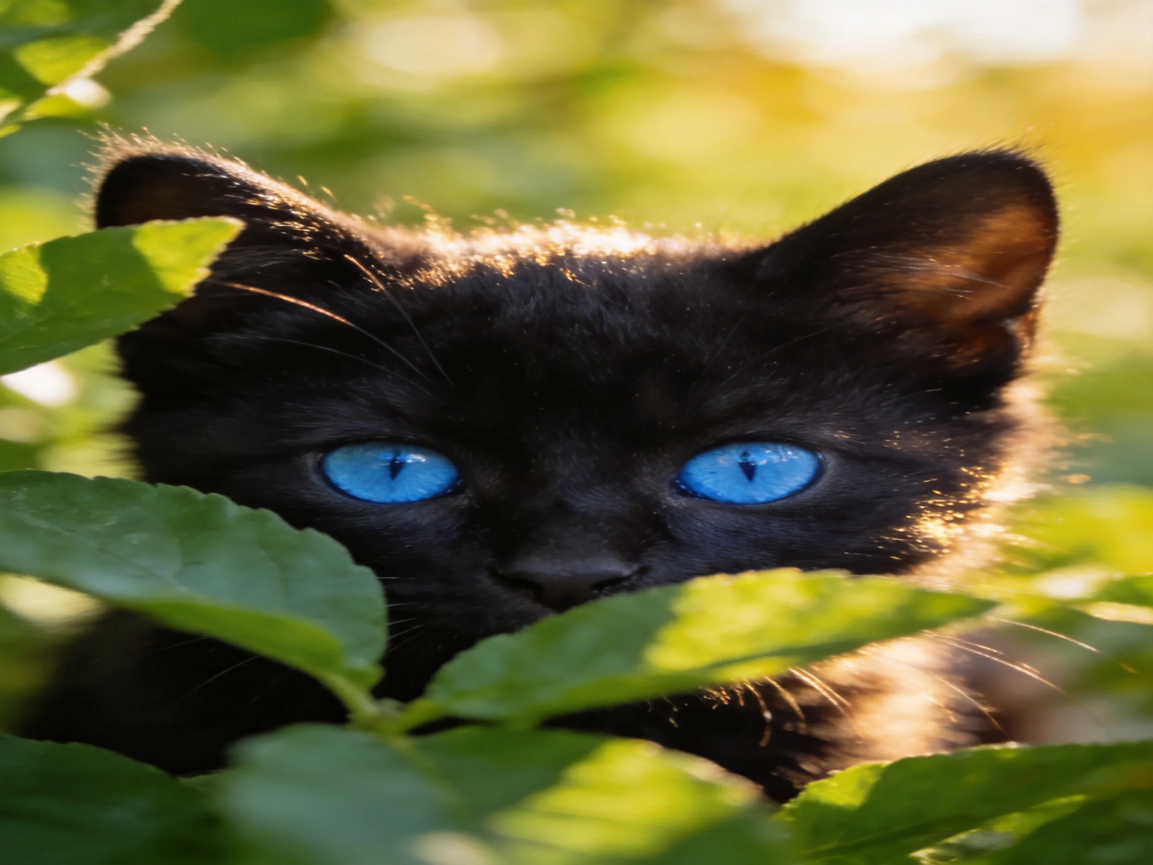 A black kitten with striking blue eyes peeks from behind green leaves.