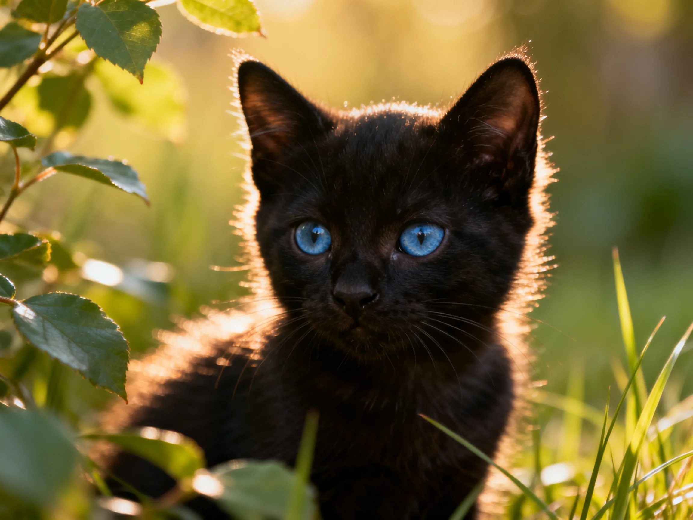 A small black kitten with bright blue eyes sits among greenery.