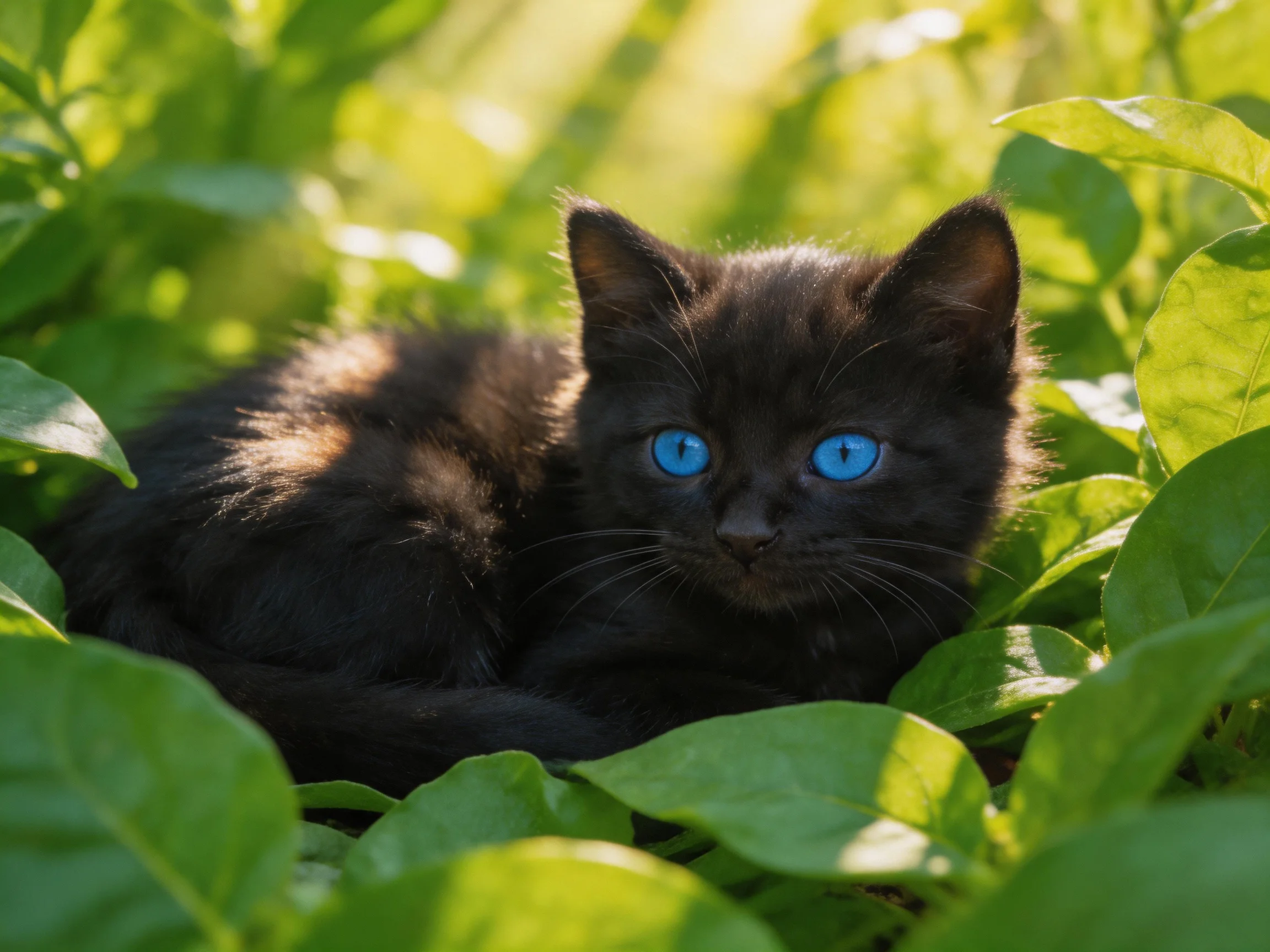 A small black kitten with bright blue eyes rests amid vibrant green leaves.