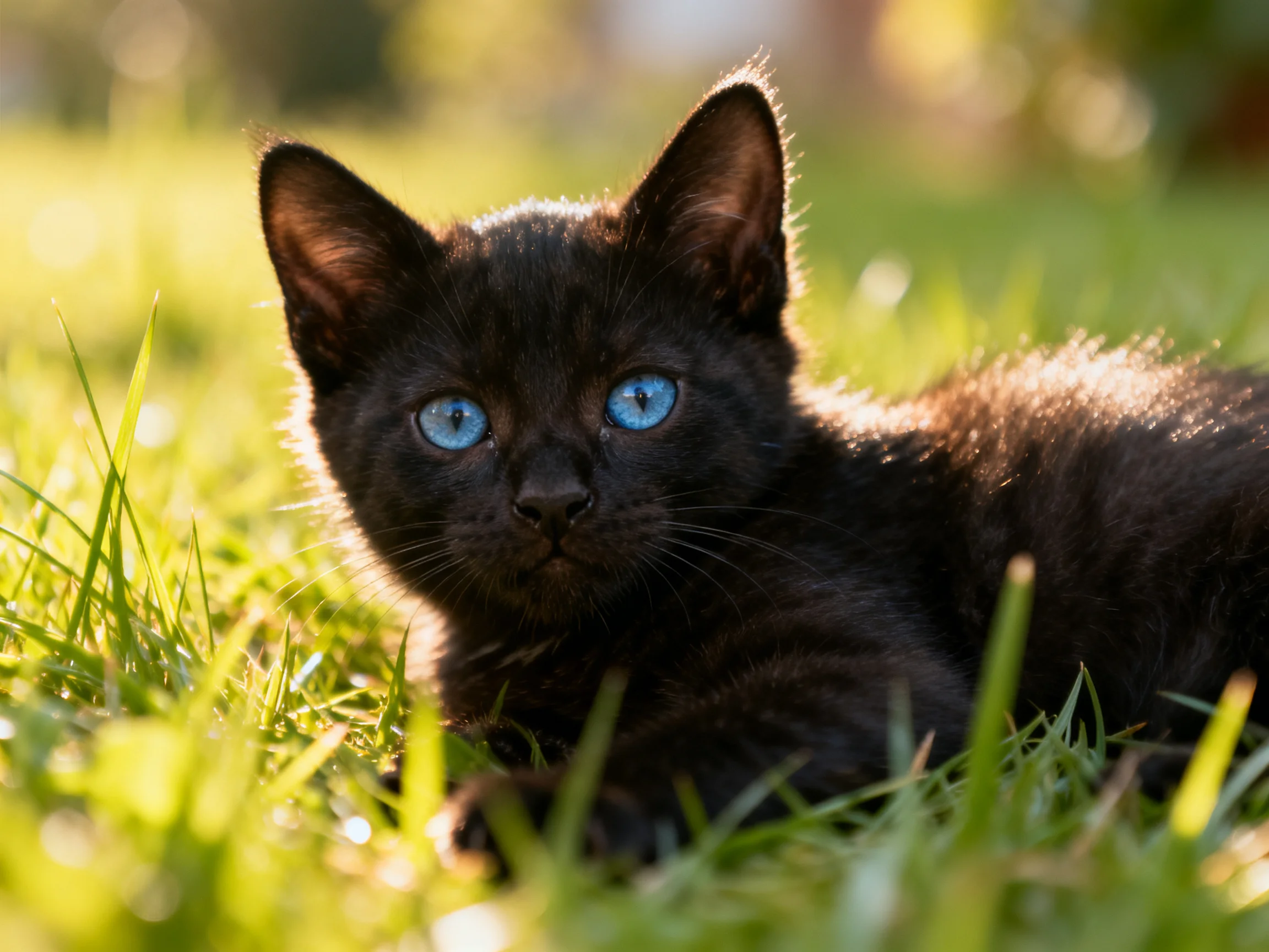 A small black kitten with bright blue eyes relaxes in a sunlit patch of green grass.