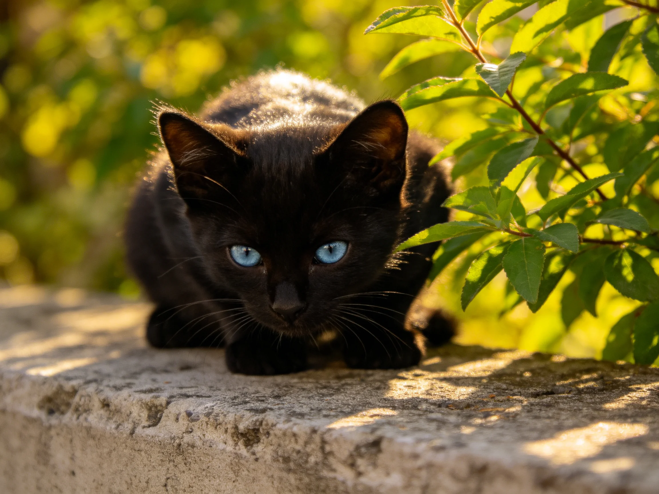 A small black kitten with bright blue eyes rests on a stone ledge beside green plants