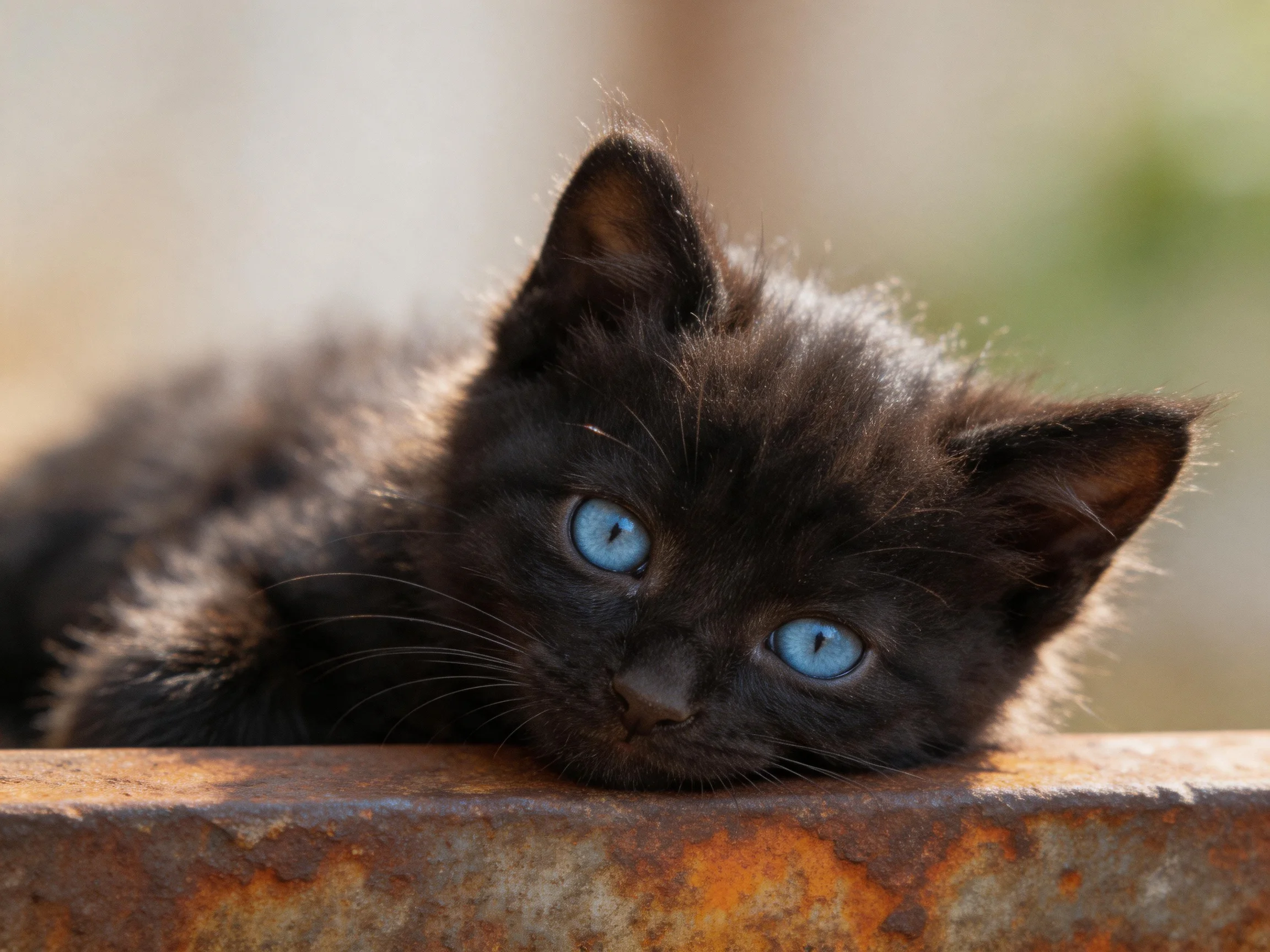 A small black kitten with blue eyes rests on a rusted metal structure.