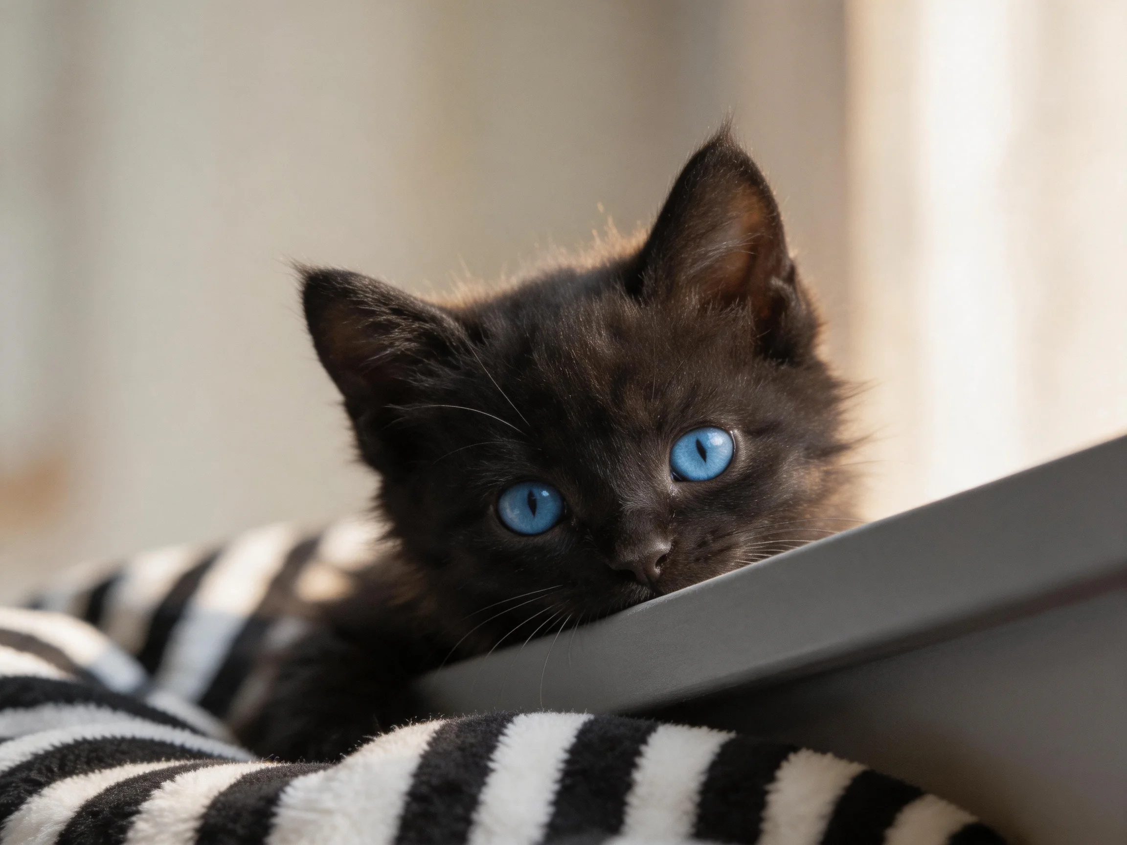 A small black kitten with blue eyes rests on a striped cloth.