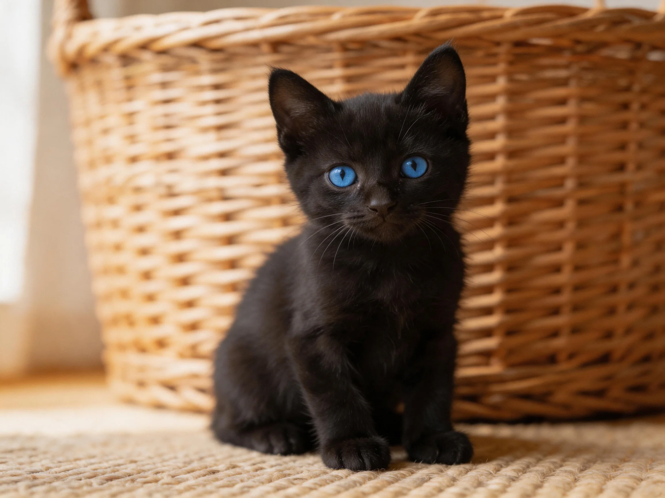 A small black kitten with blue eyes sits beside a large wicker basket.