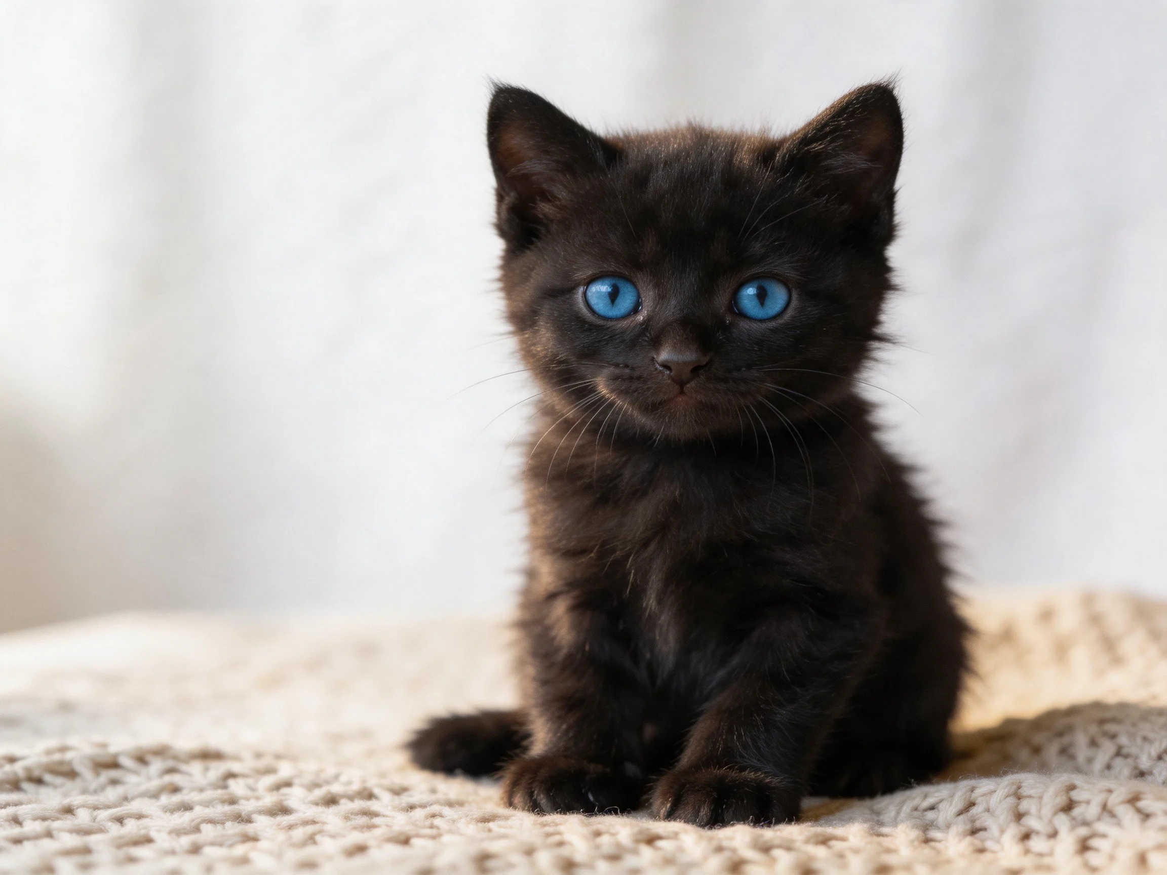 A small black kitten with bright blue eyes sits calmly on a beige blanket.