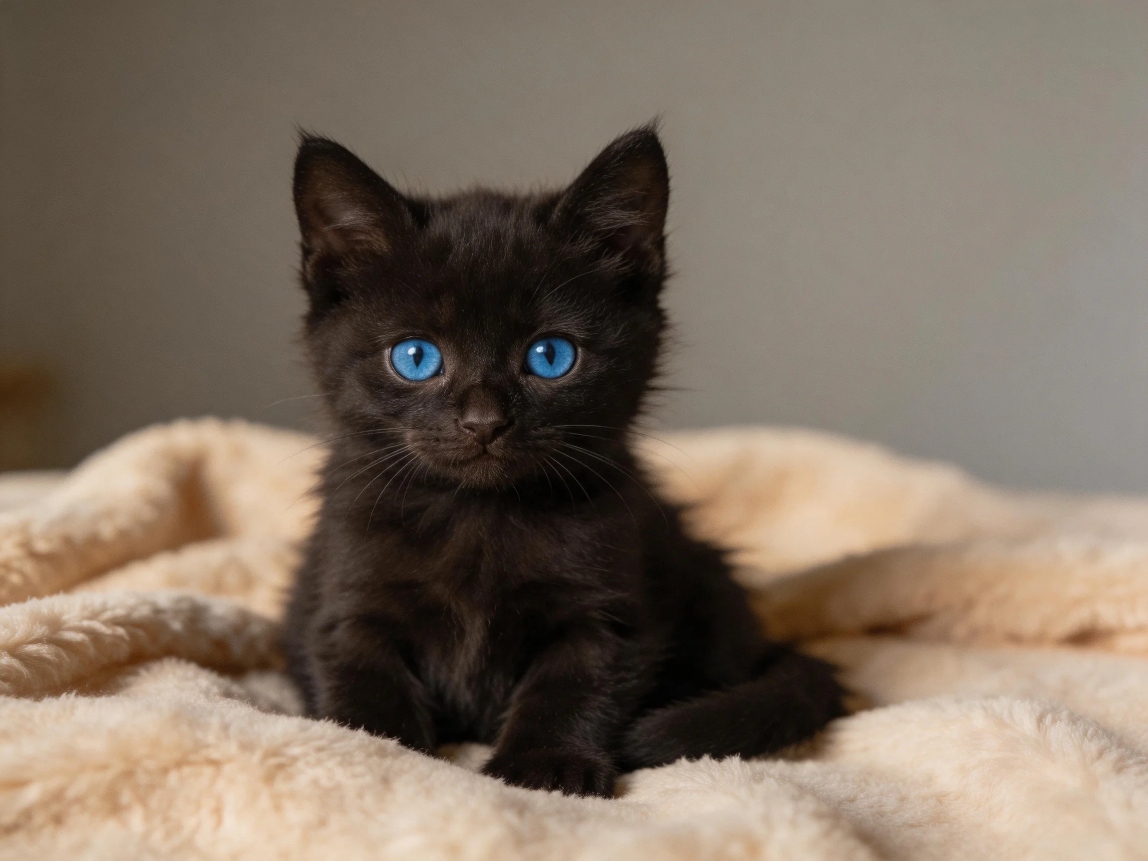 A small black kitten with blue eyes sits on a beige blanket.