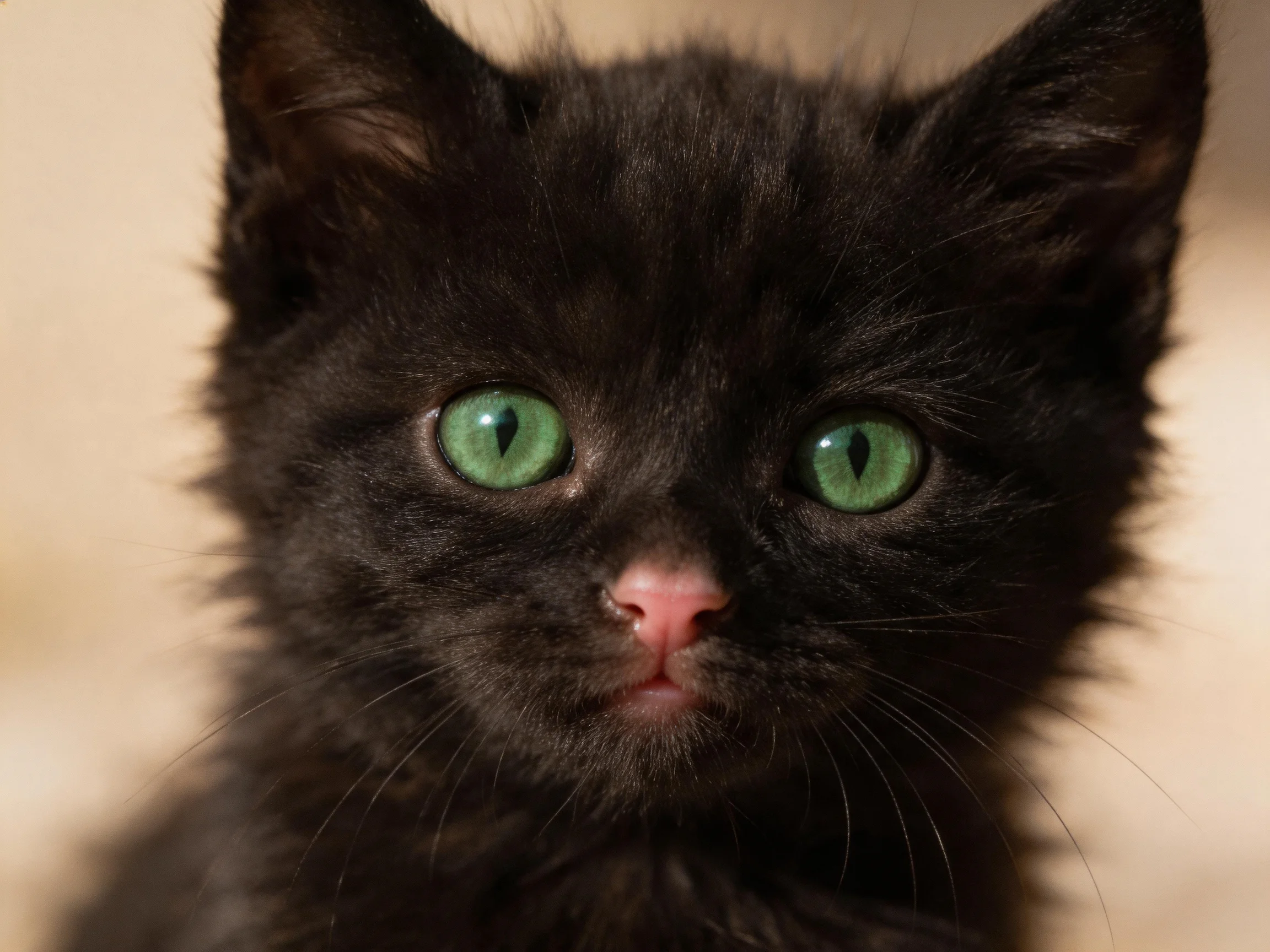 A small black kitten with bright green eyes sits on a soft beige surface.