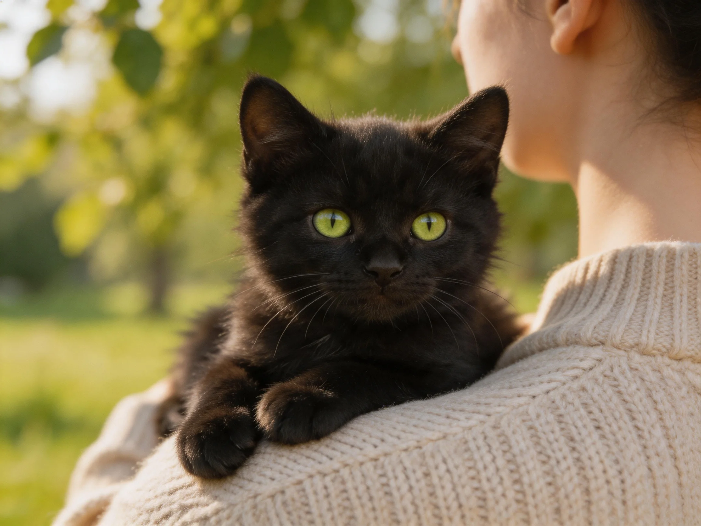 A small black kitten with bright green eyes rests on a person’s shoulder outside.