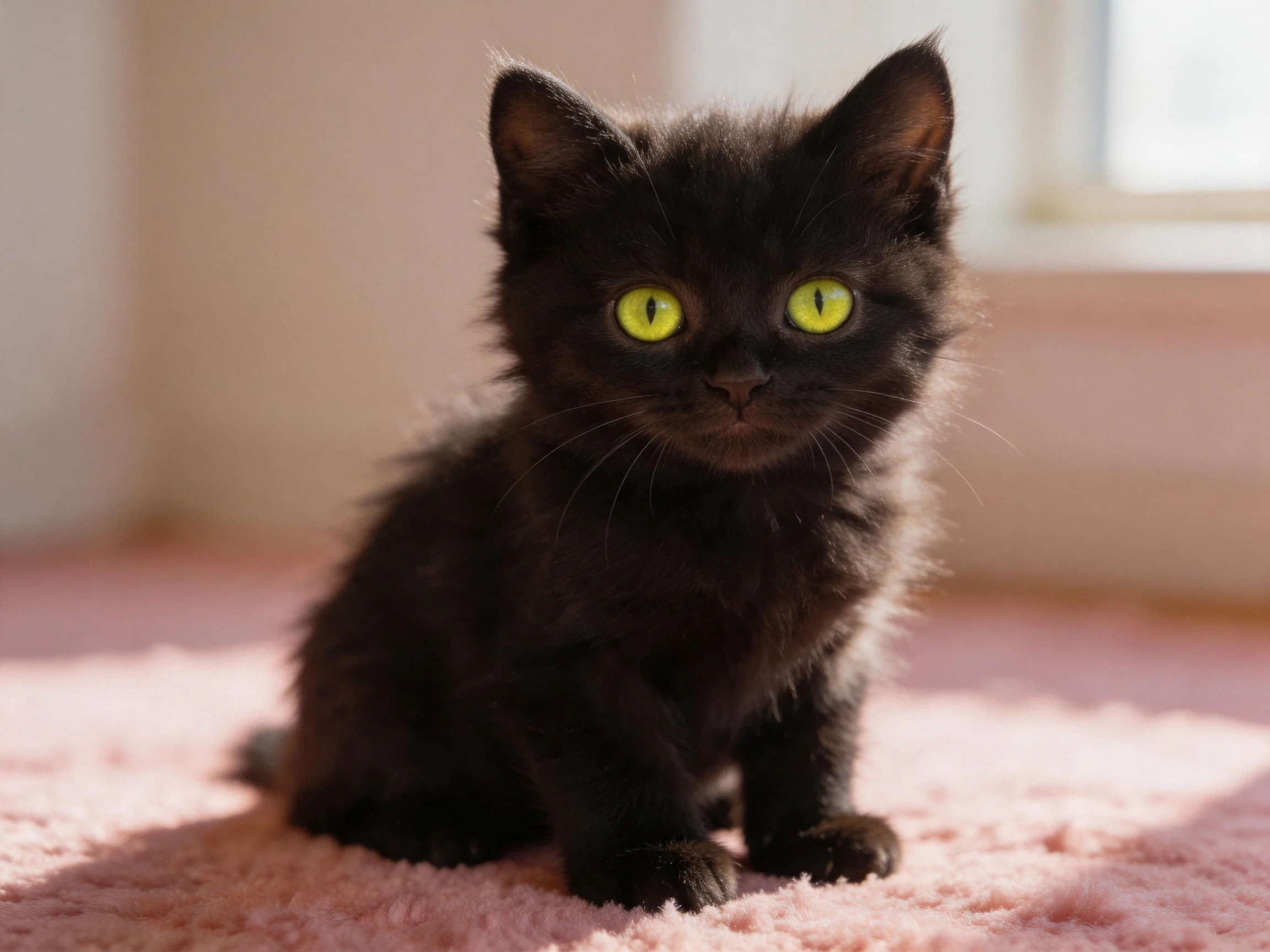 A small black kitten with bright yellow eyes rests on a pink carpet near a sunlit window