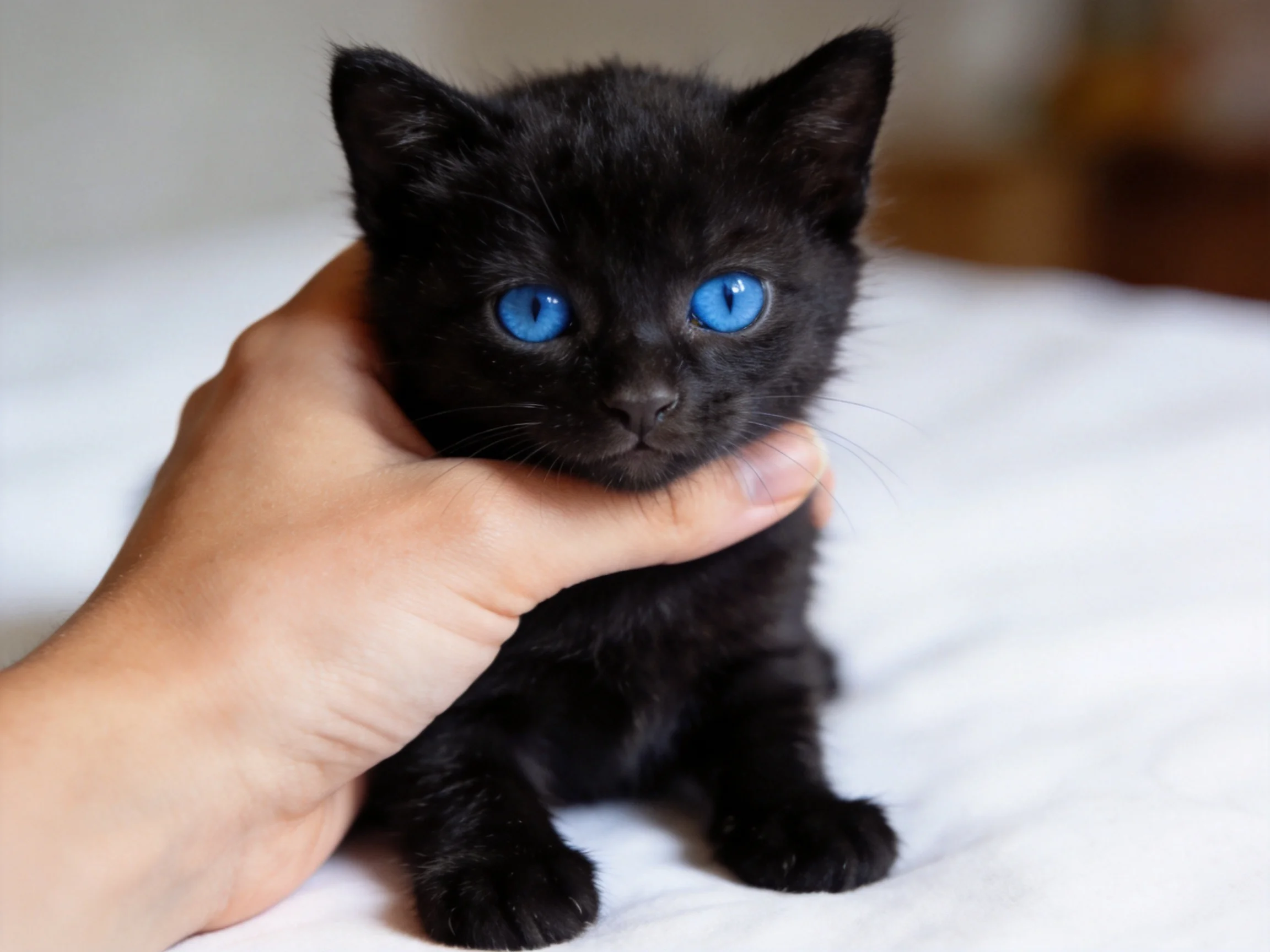 A small black kitten with striking blue eyes being held