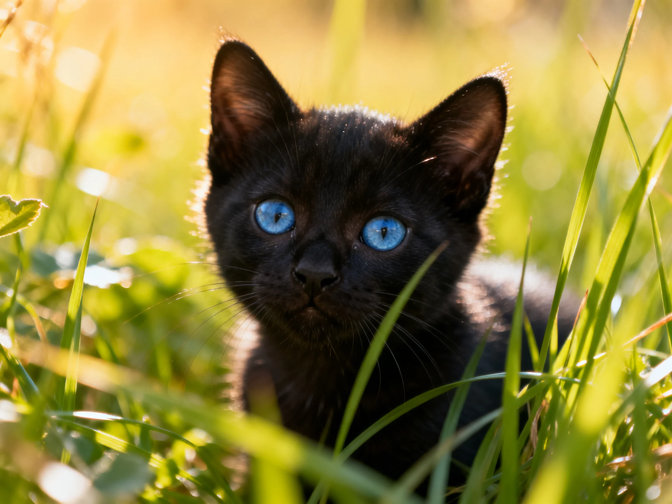 A small black kitten with striking blue eyes nestled in lush green grass