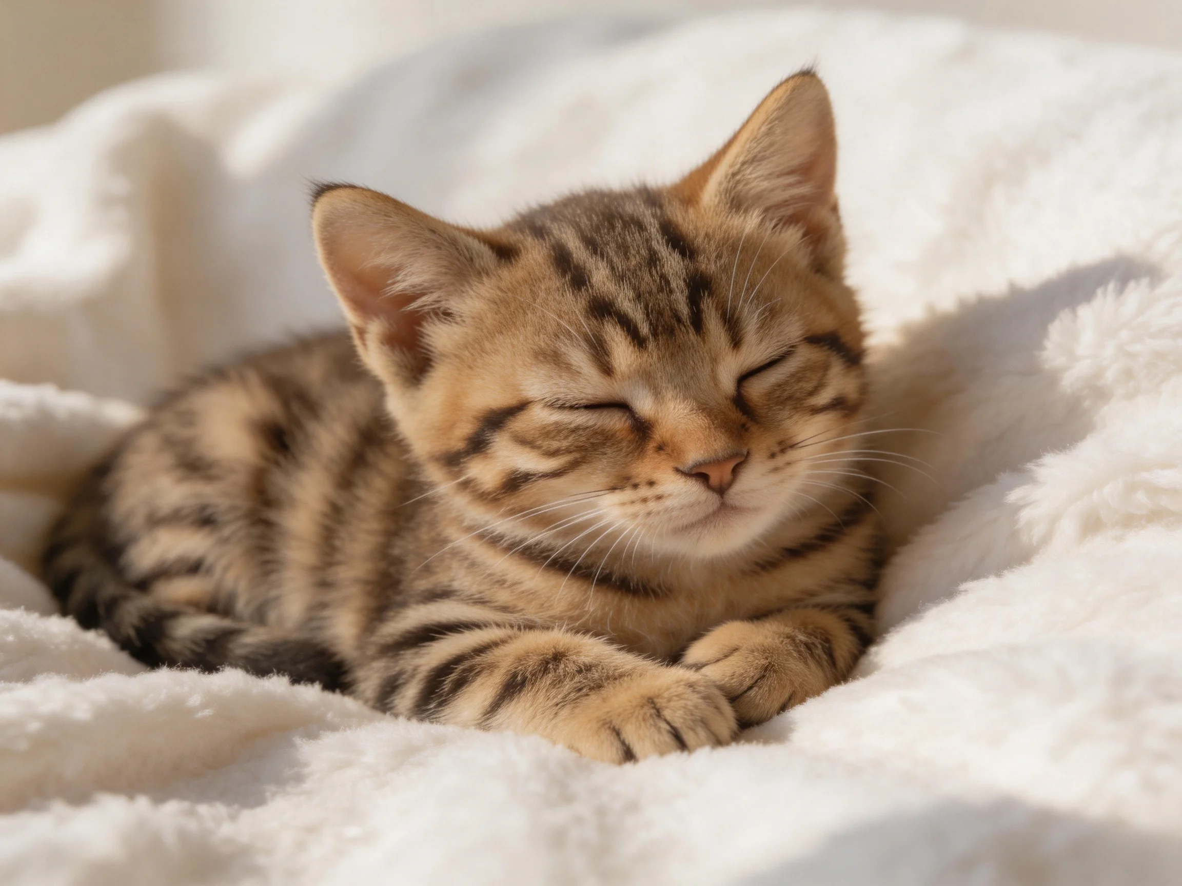 A small tabby kitten sleeps on a soft white blanket.