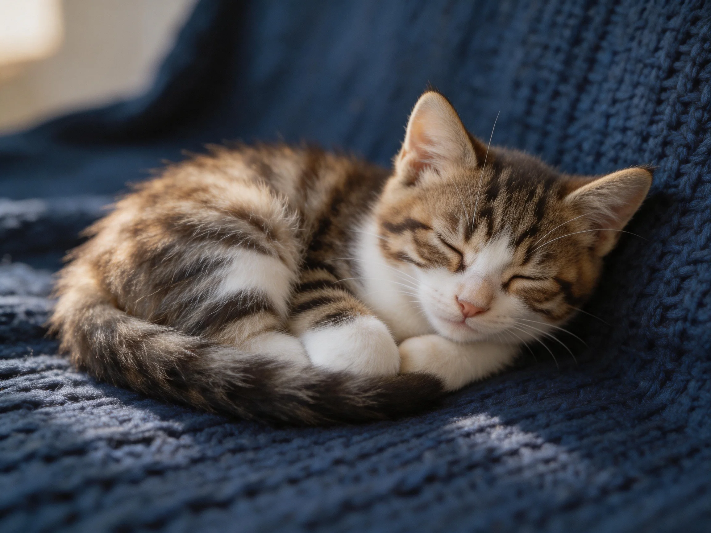 A small tabby kitten sleeps on a blue knitted blanket under soft lighting