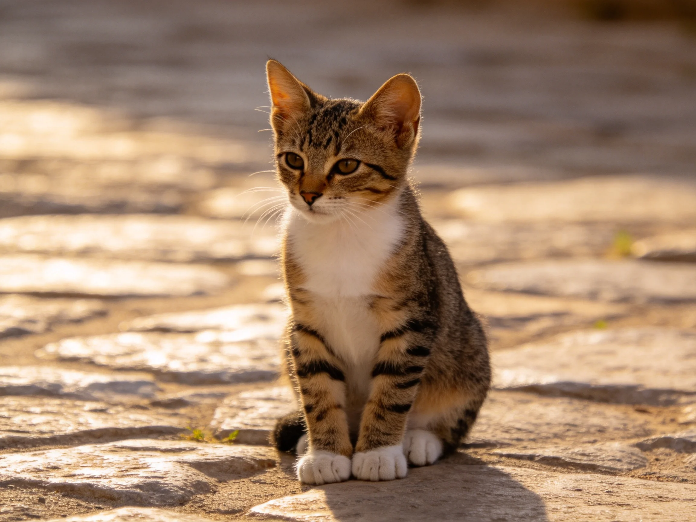 A small tabby kitten with white markings sits on sunlit stone pavement