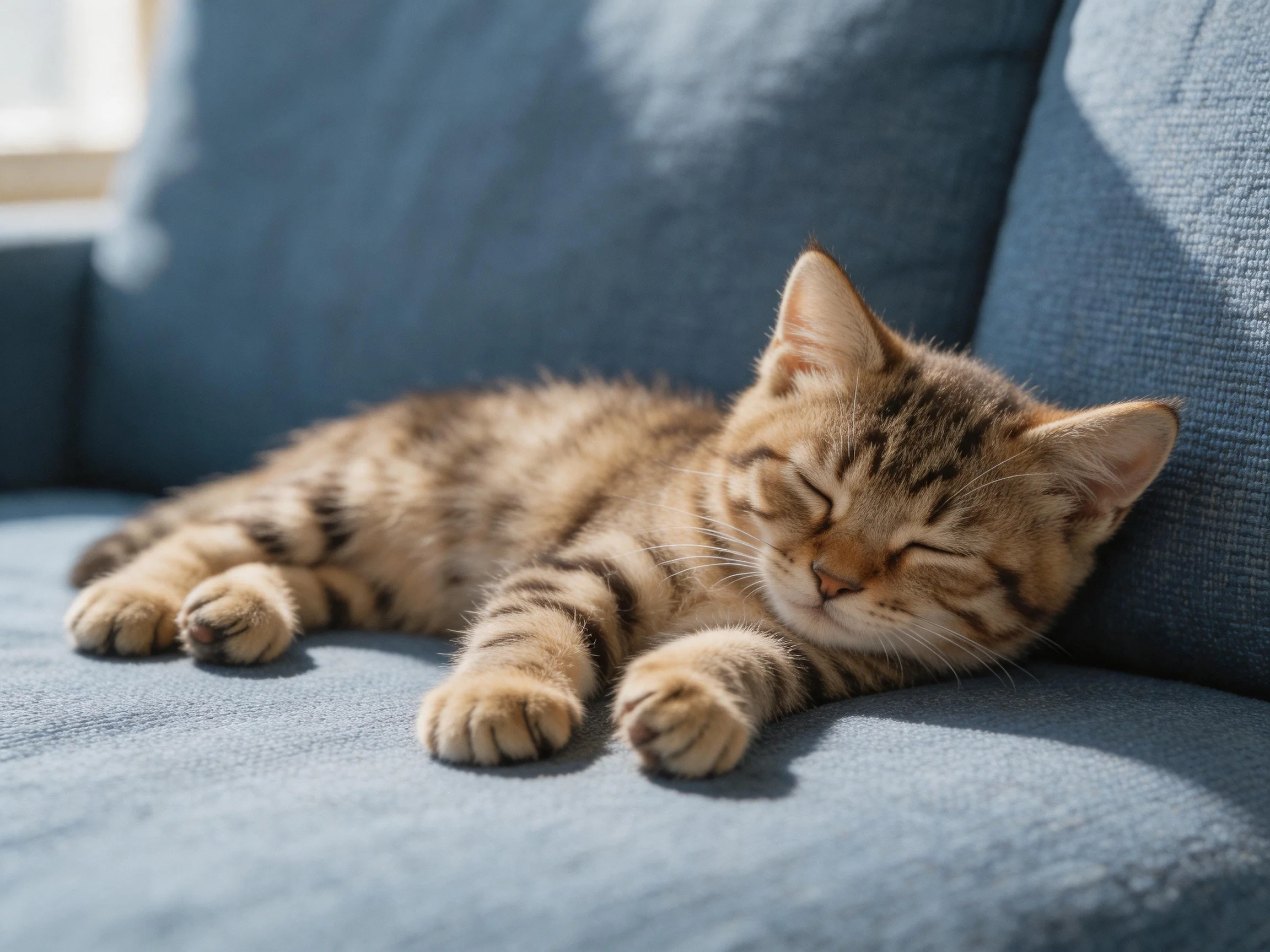 A small brown tabby kitten n on a blue couch in sunlight.
