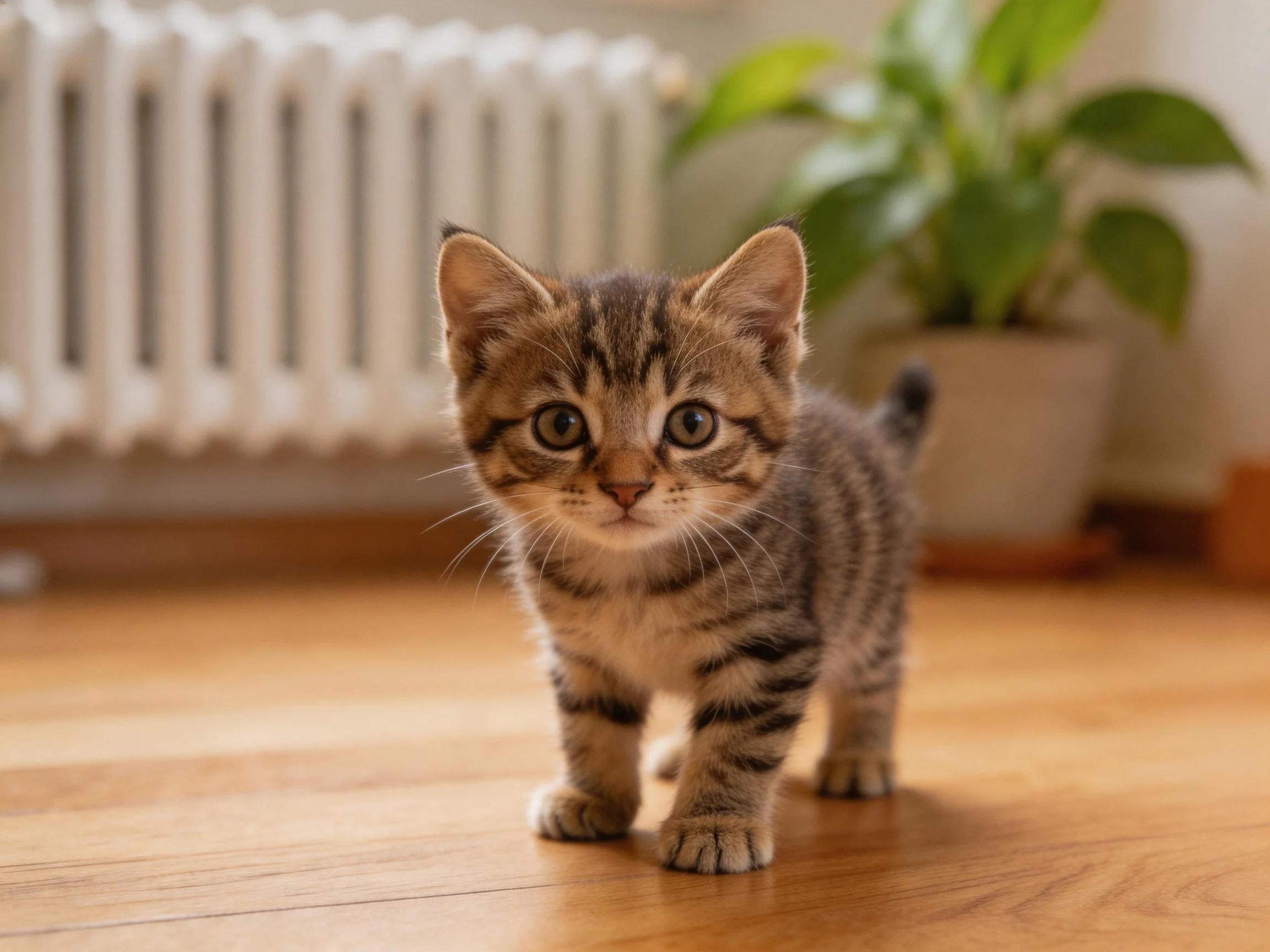 A small tabby kitten explores a room with a white radiator and potted plant.