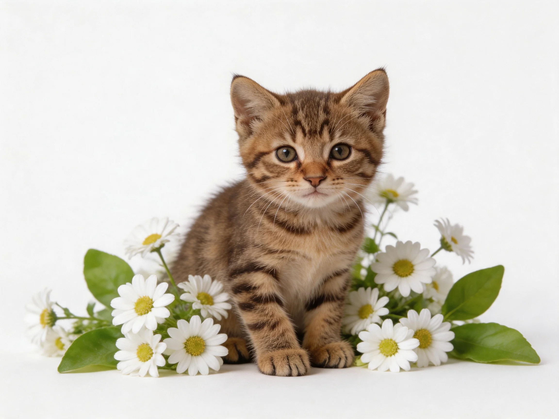 A small brown tabby kitten sits among white daisies and green foliage.