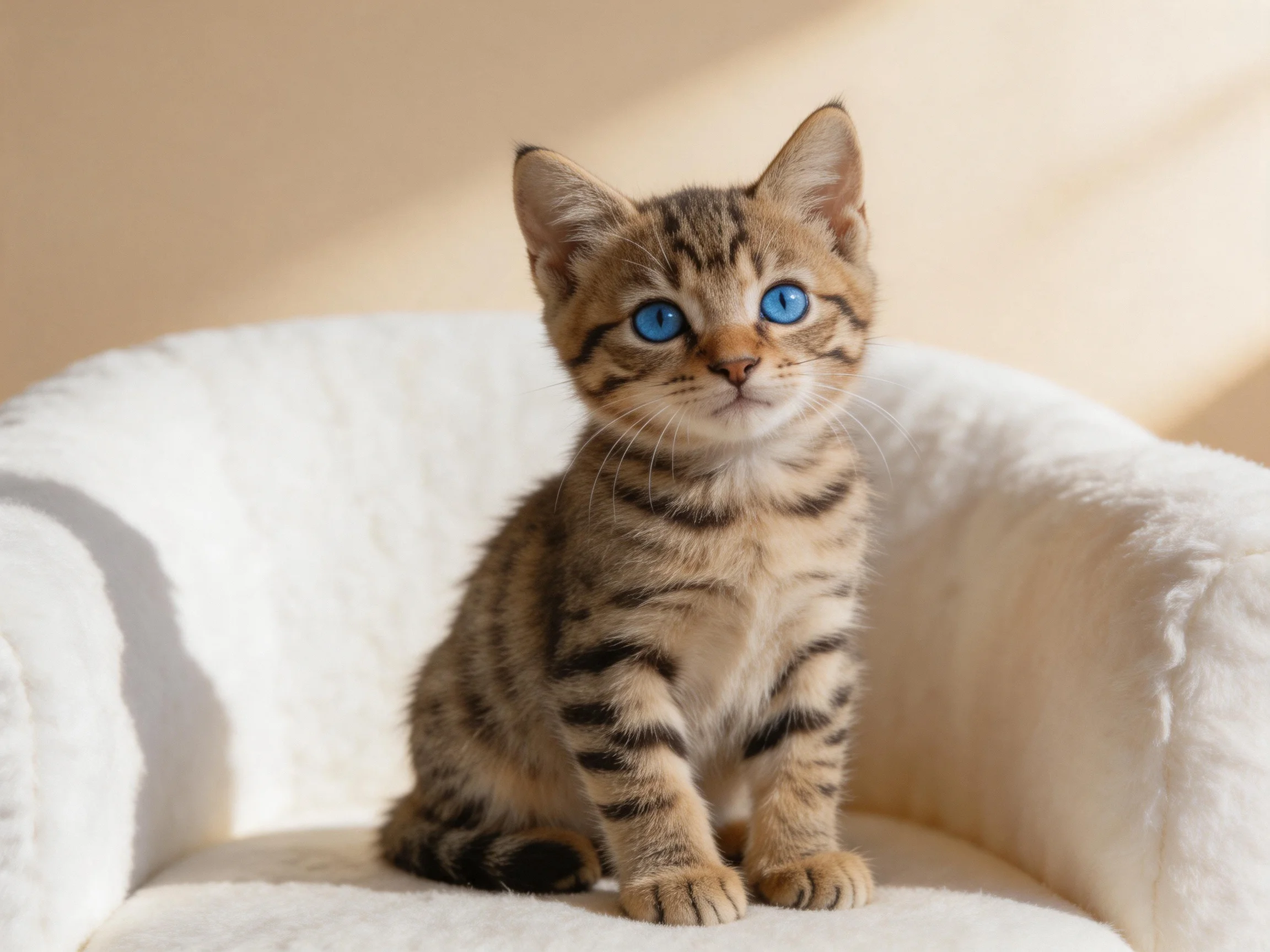 A small tabby kitten with bright blue eyes sits on a plush white chair.