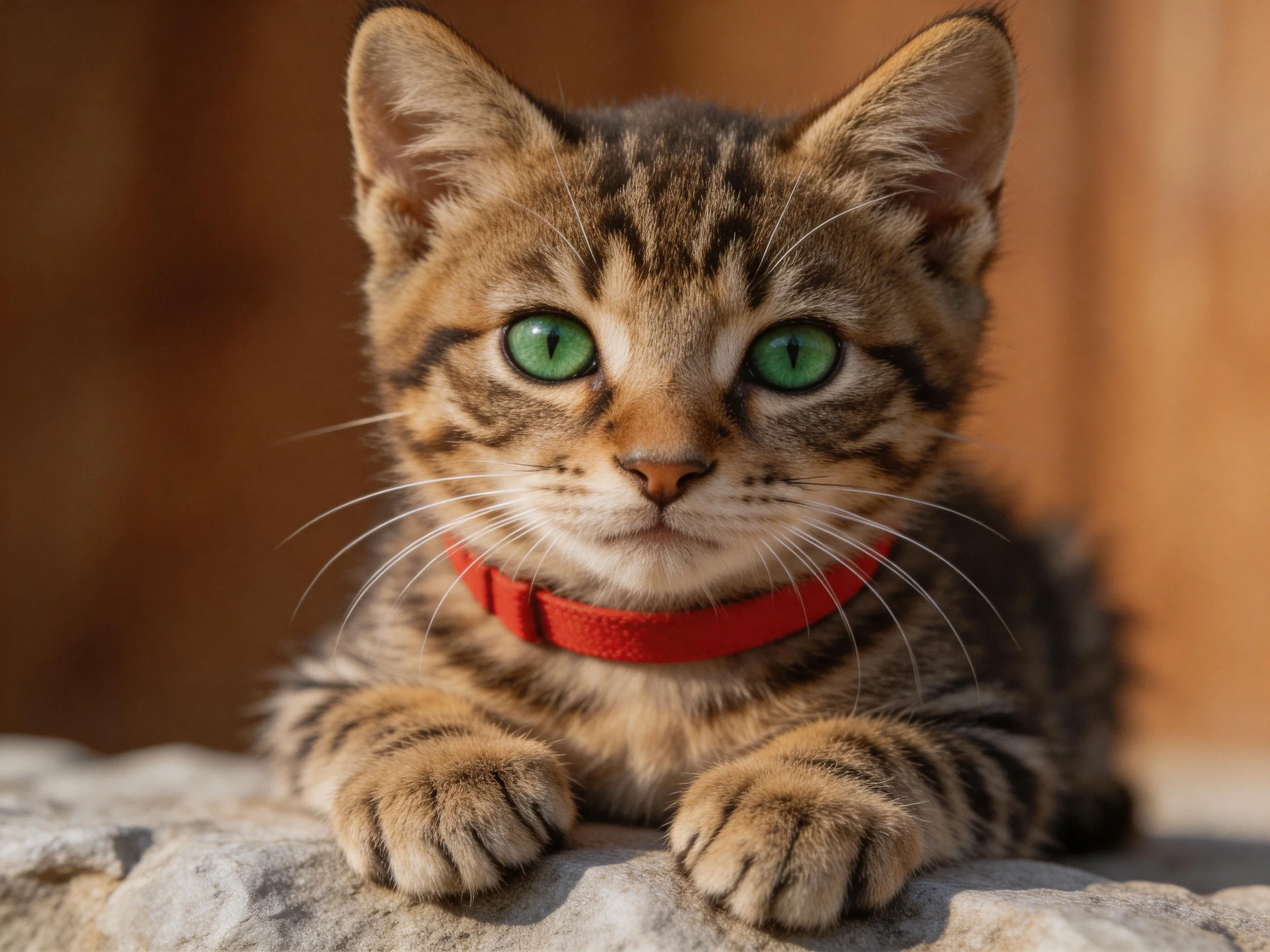 A small brown tabby kitten with green eyes rests on a stone surface.