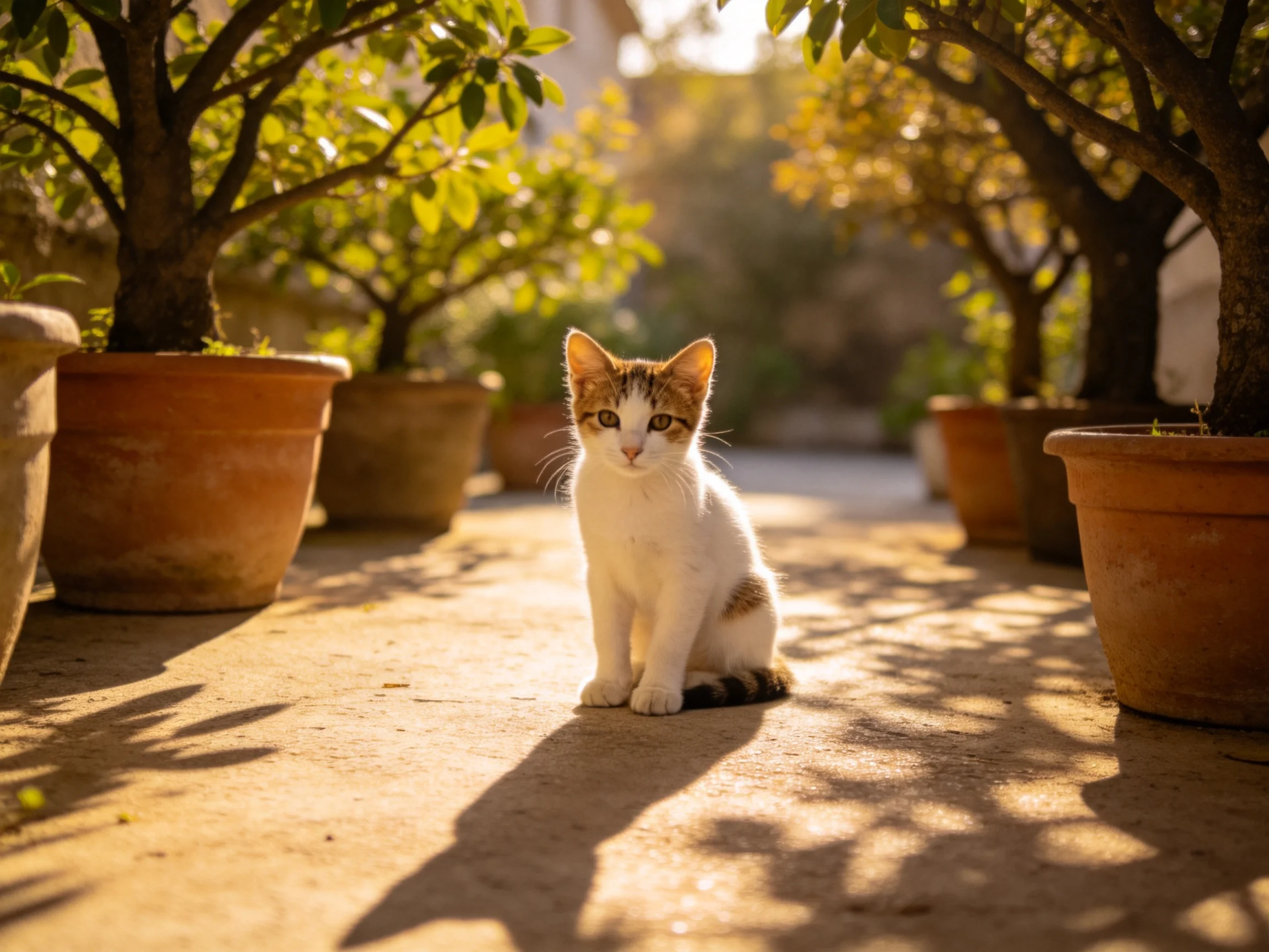 A small calico kitten sits on a sunlit pathway near large terracotta planters.
