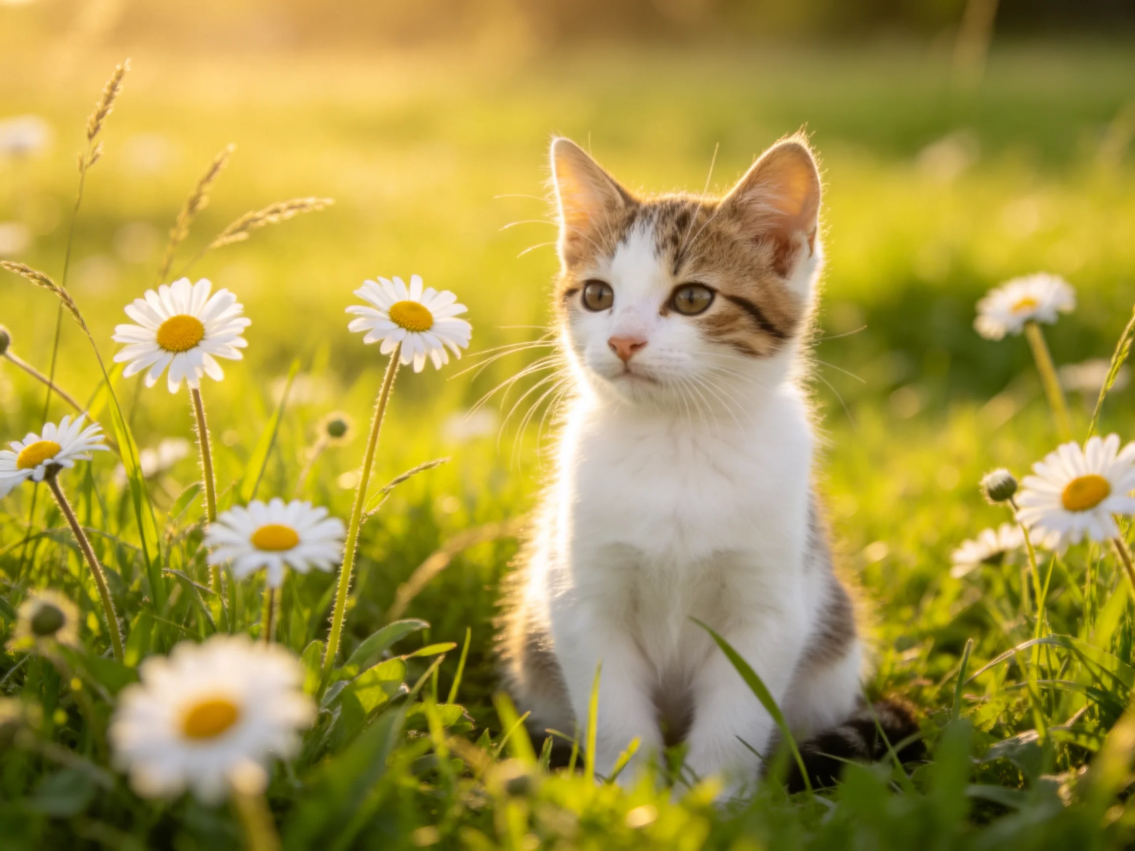 A small calico kitten rests among daisies in a sunlit meadow.