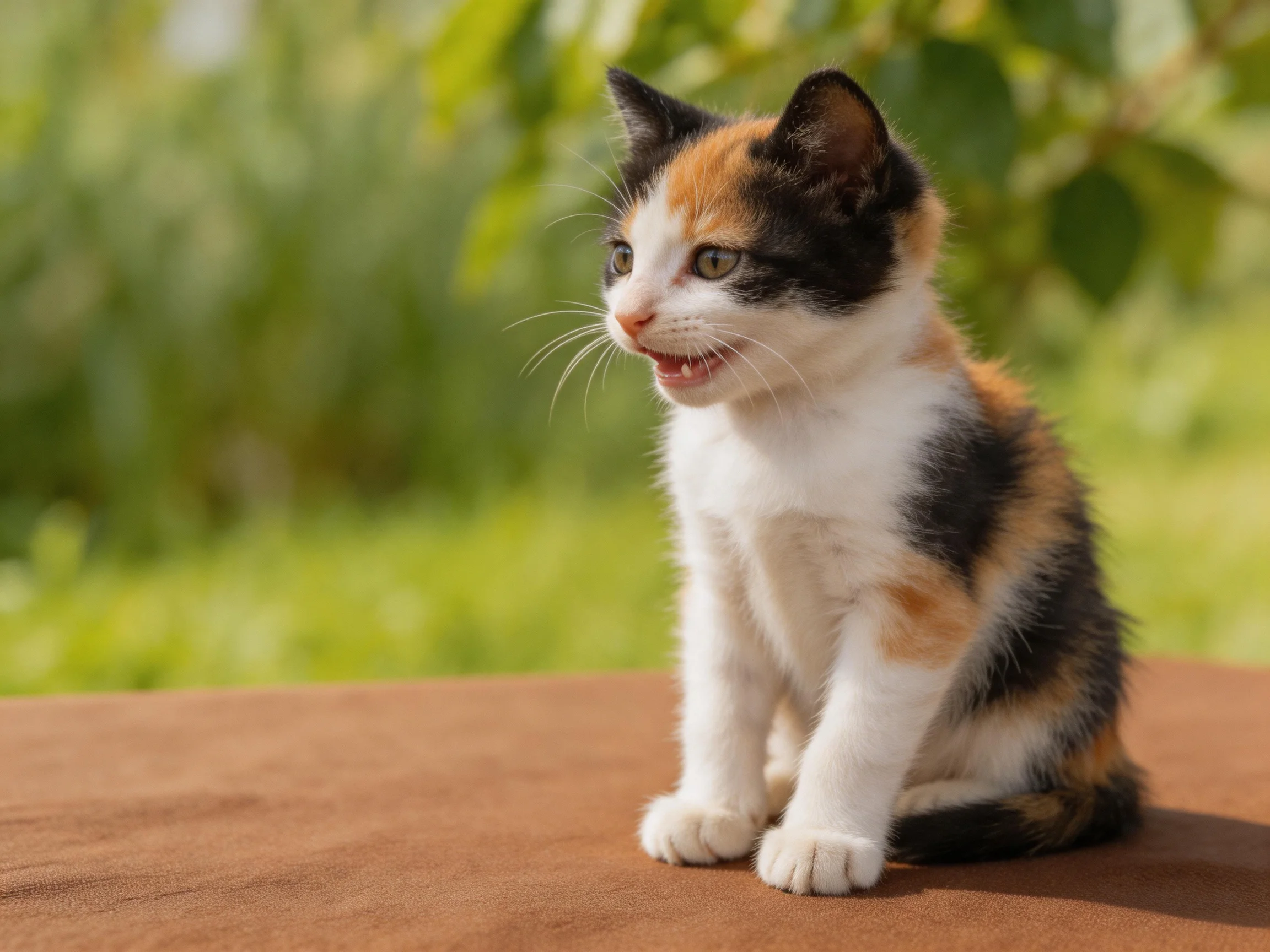 A small calico kitten sits on a brown surface in an outdoor setting.