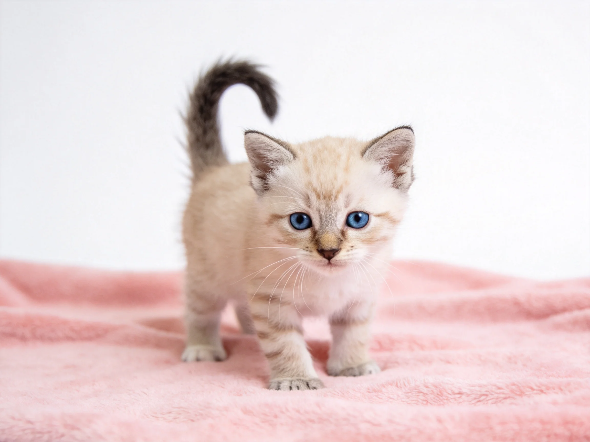 A small kitten with blue eyes walks on a pink blanket against a white backdrop.