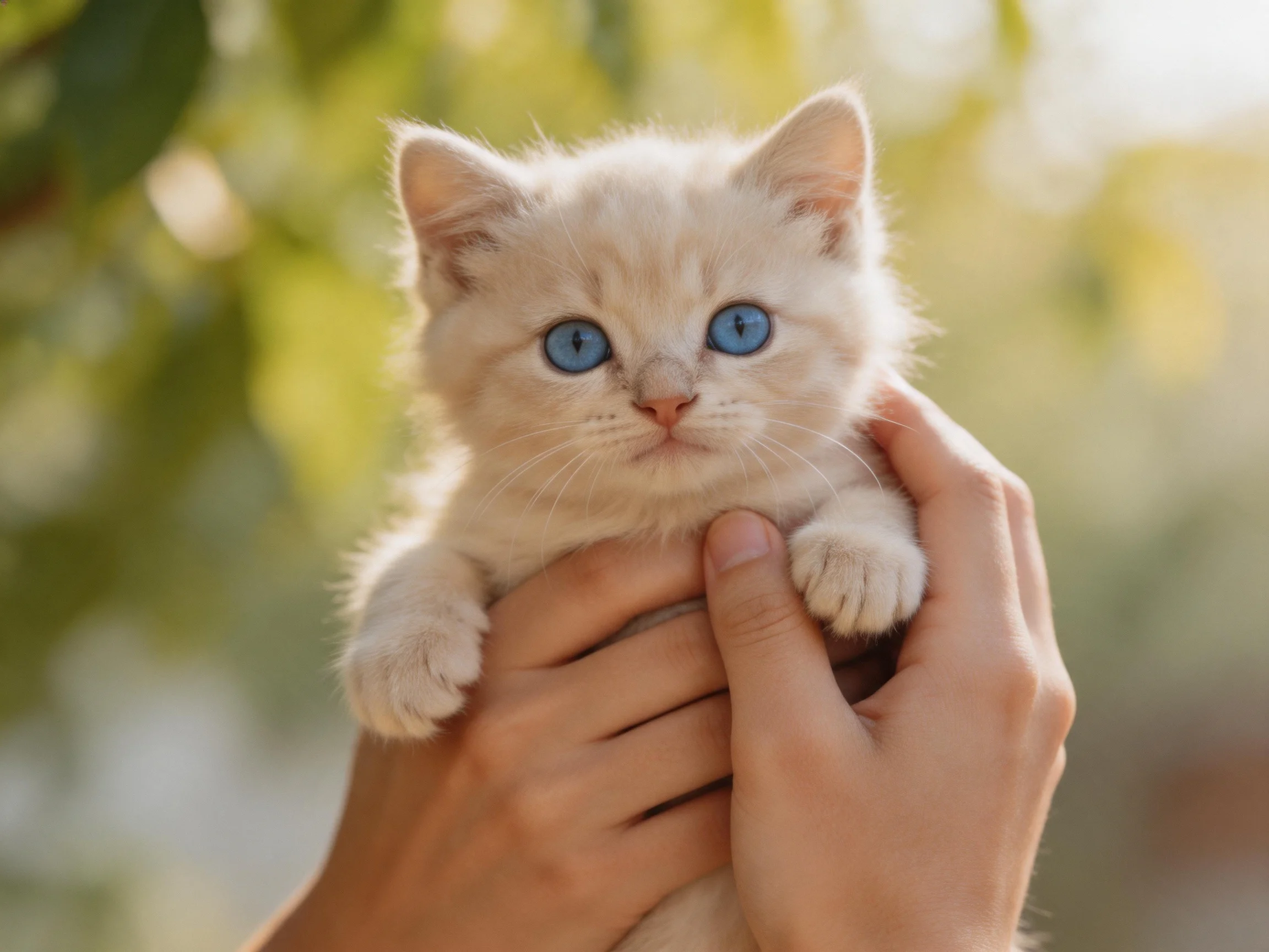 A small cream - colored kitten with bright blue eyes held by hands