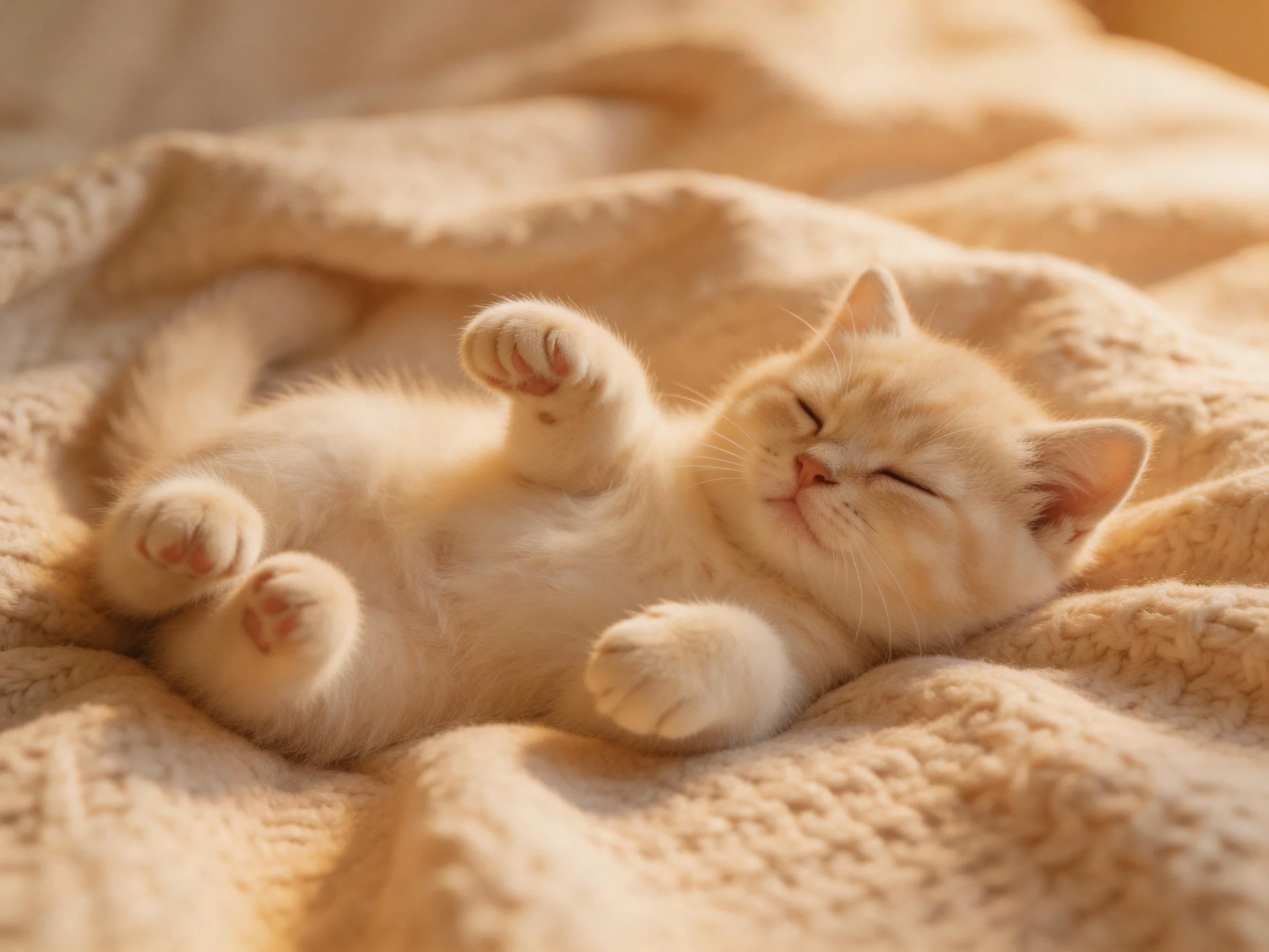 A small cream-colored kitten relaxes on a plush beige blanket