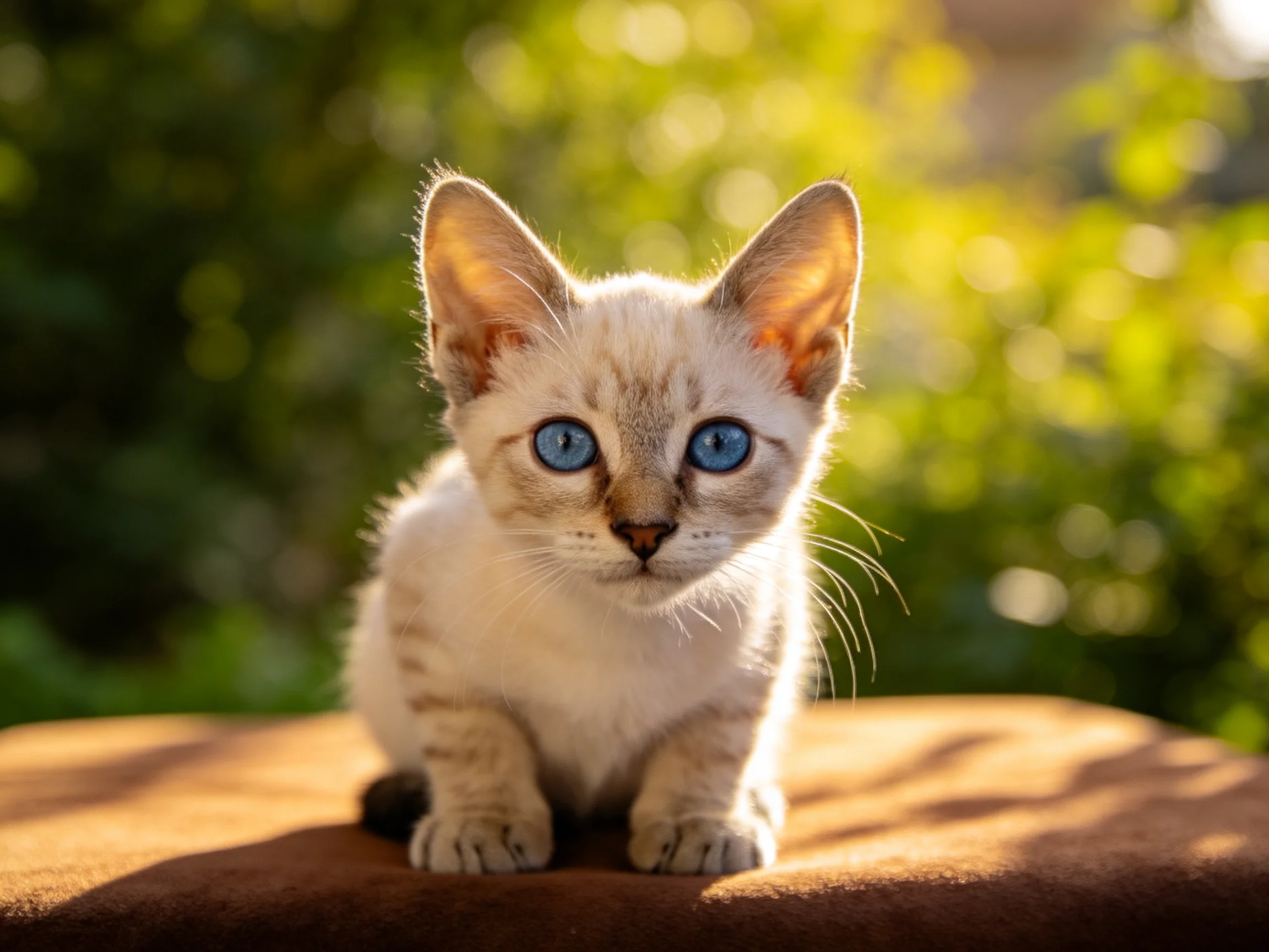 A small cream-colored kitten with bright blue eyes sits on a brown surface in a sunlit outdoor area.