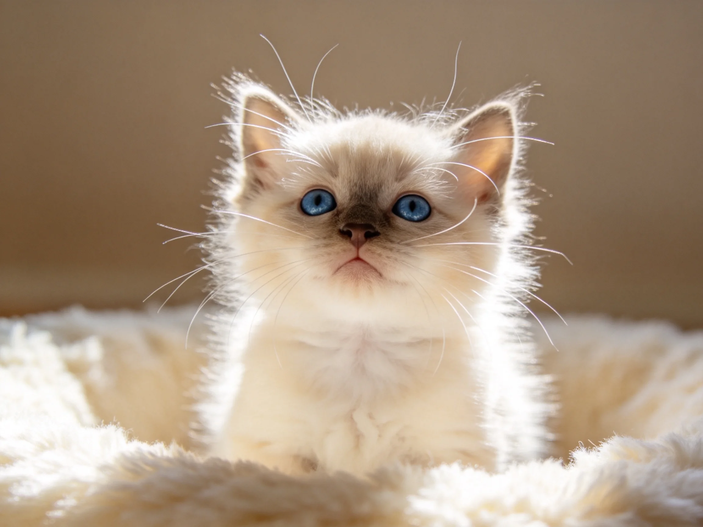 A small kitten with blue eyes sits on a soft bed