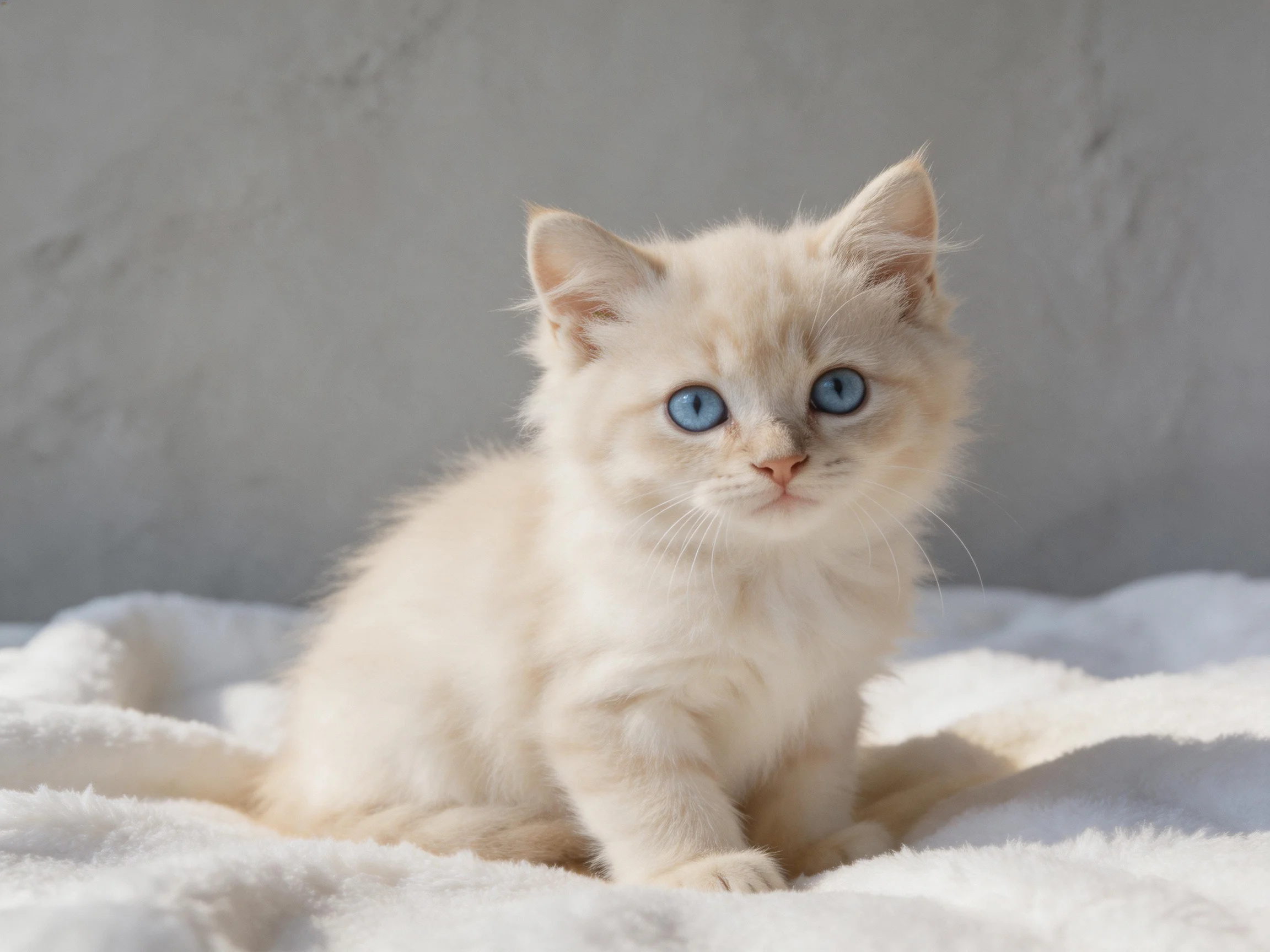 A cream-colored kitten with blue eyes sits on soft white fabric.