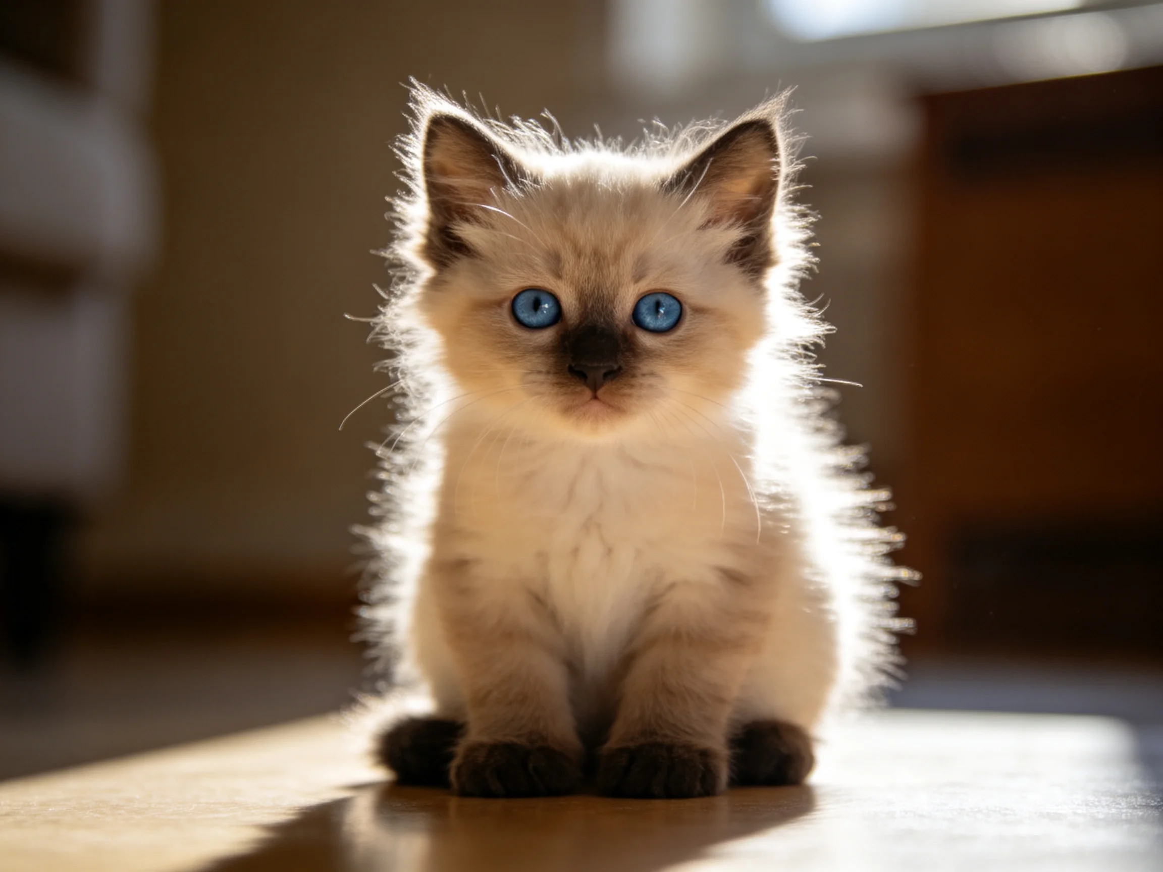 A small cream-furred kitten with bright blue eyes sits in sunlight