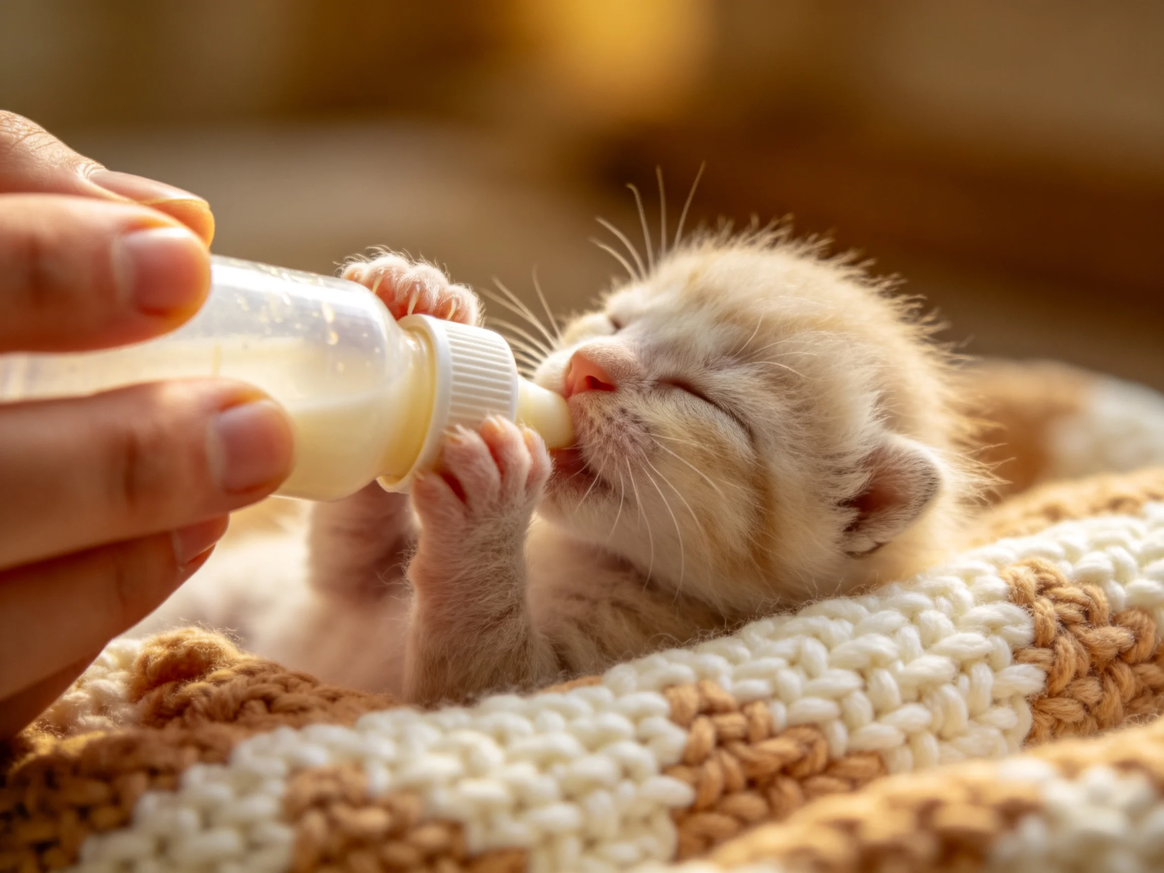 A small cream kitten feeding from a bottle on a knitted blanket