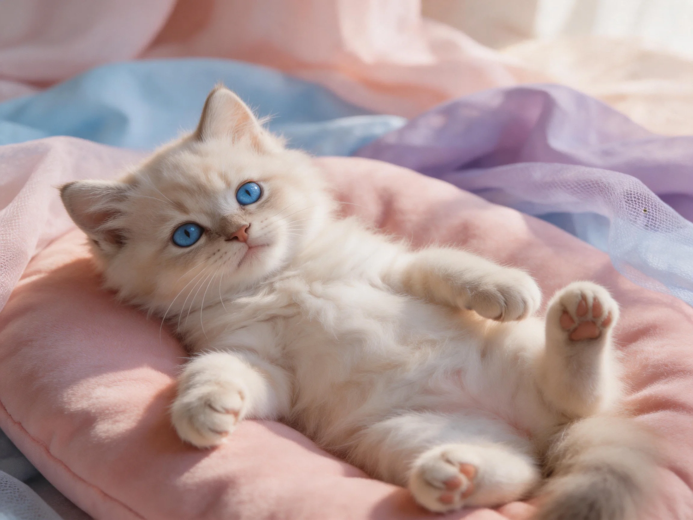 A small cream kitten with blue eyes resting on pastel fabrics