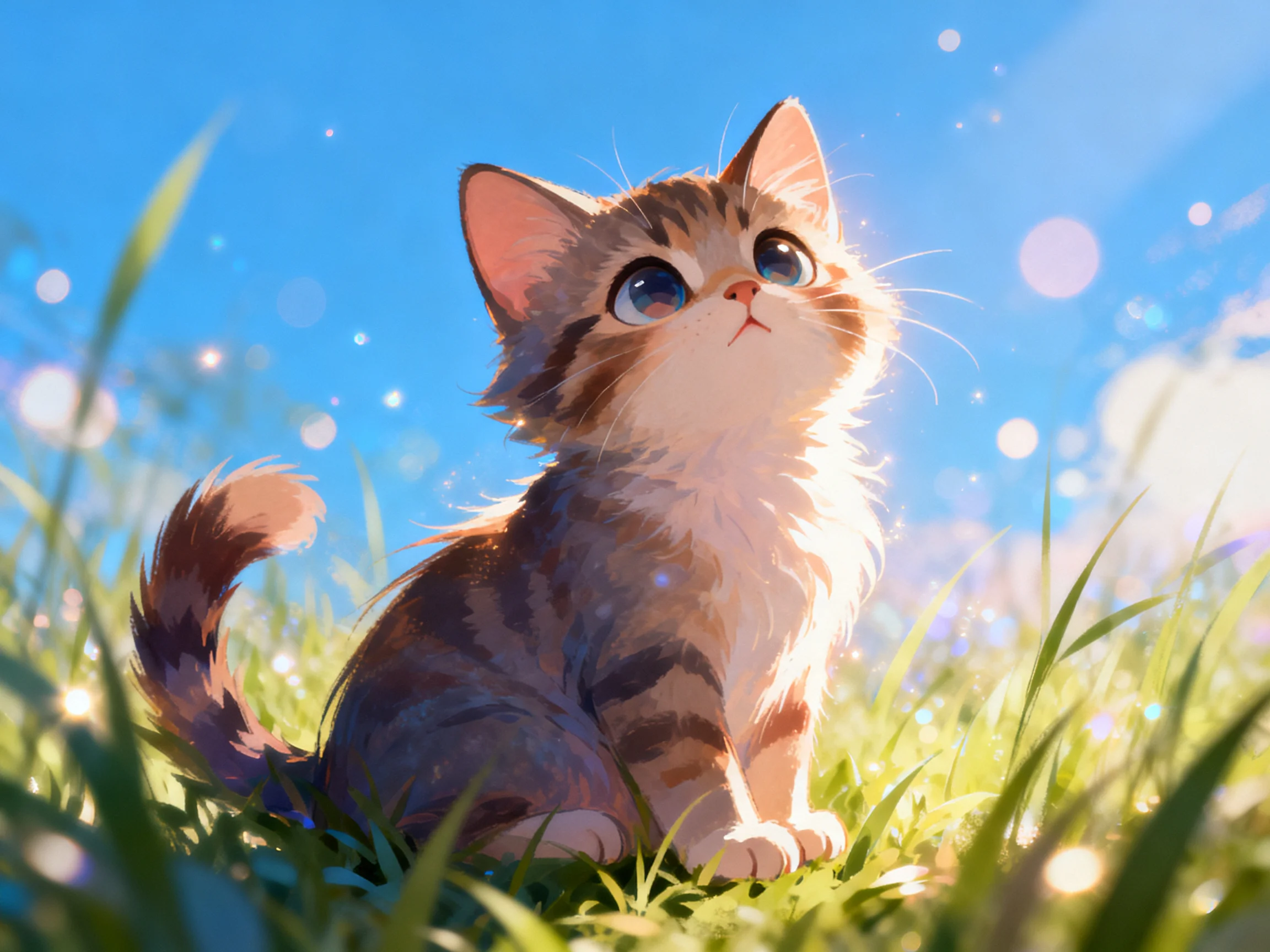 A small fluffy tabby kitten sits among tall grass beneath a bright blue sky.