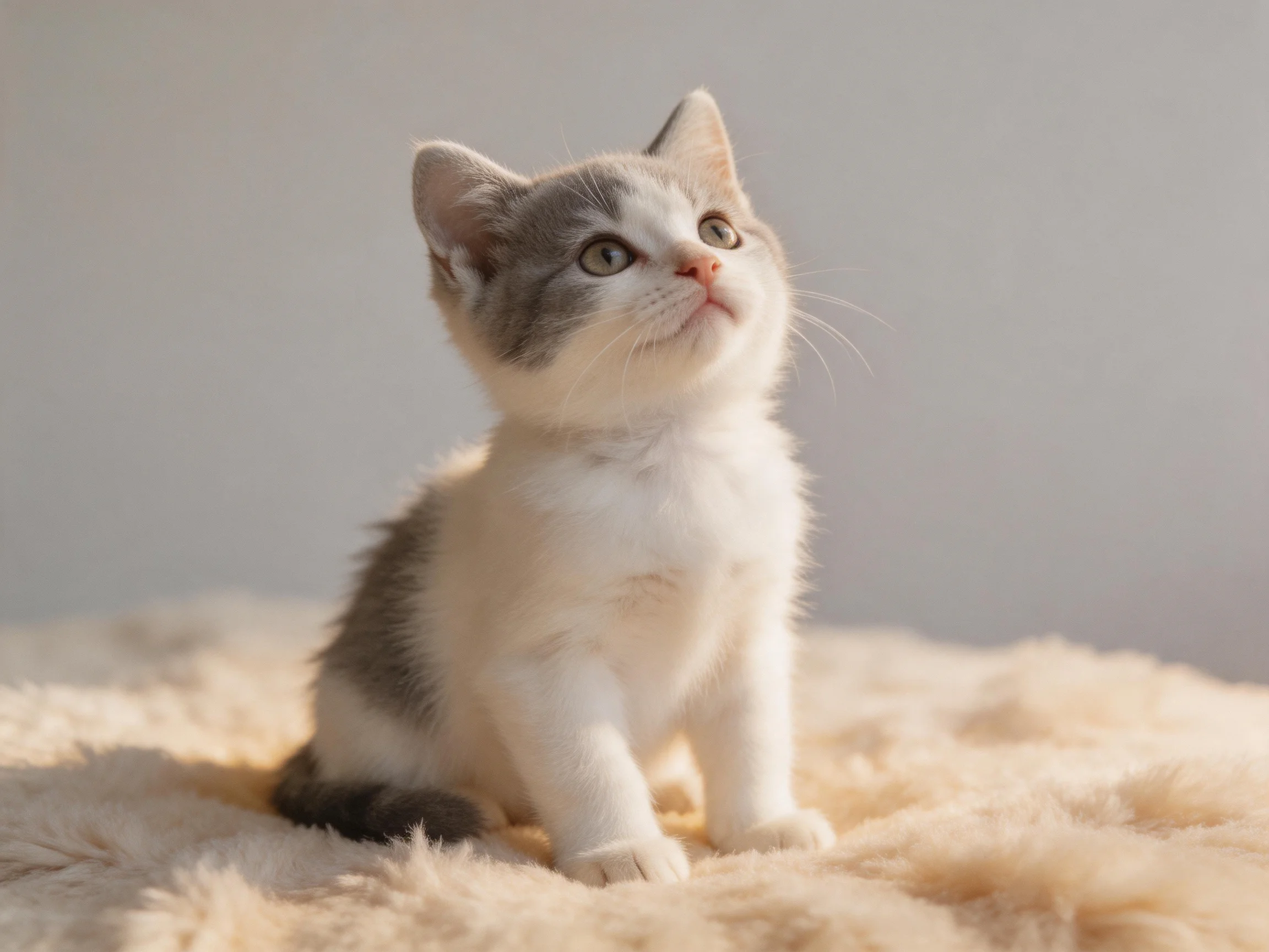 A small gray-and-white kitten sits on a soft beige blanket.