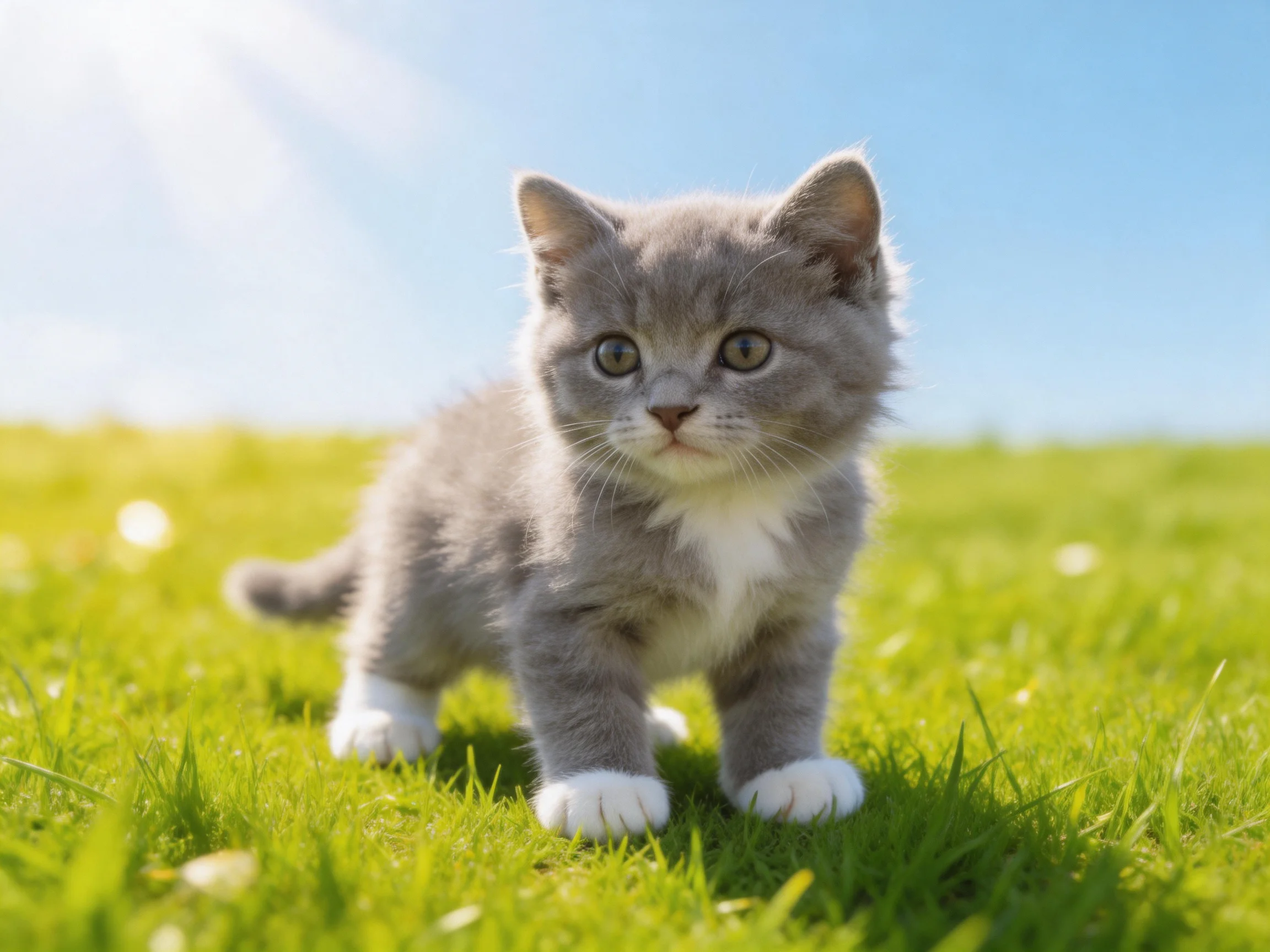 A small gray kitten stands on lush green grass in bright daylight.