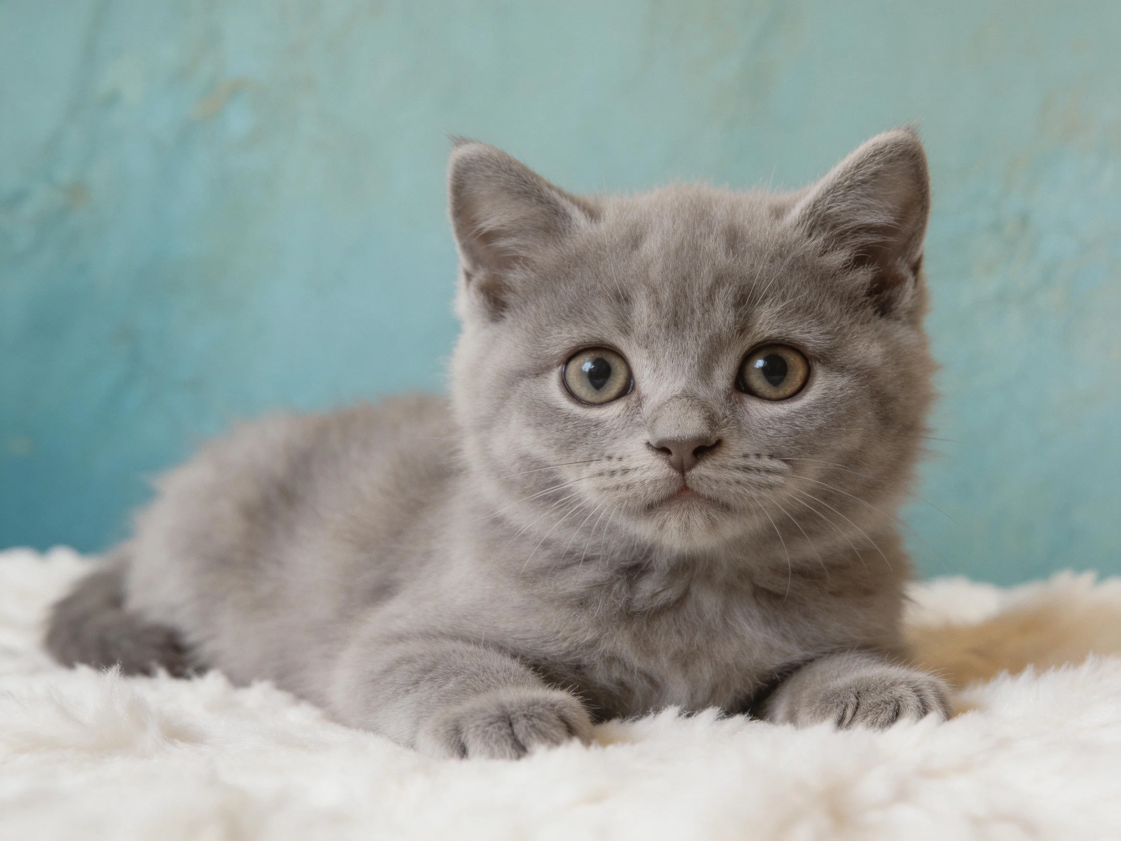 A gray kitten lies on a soft white surface near a teal wall.
