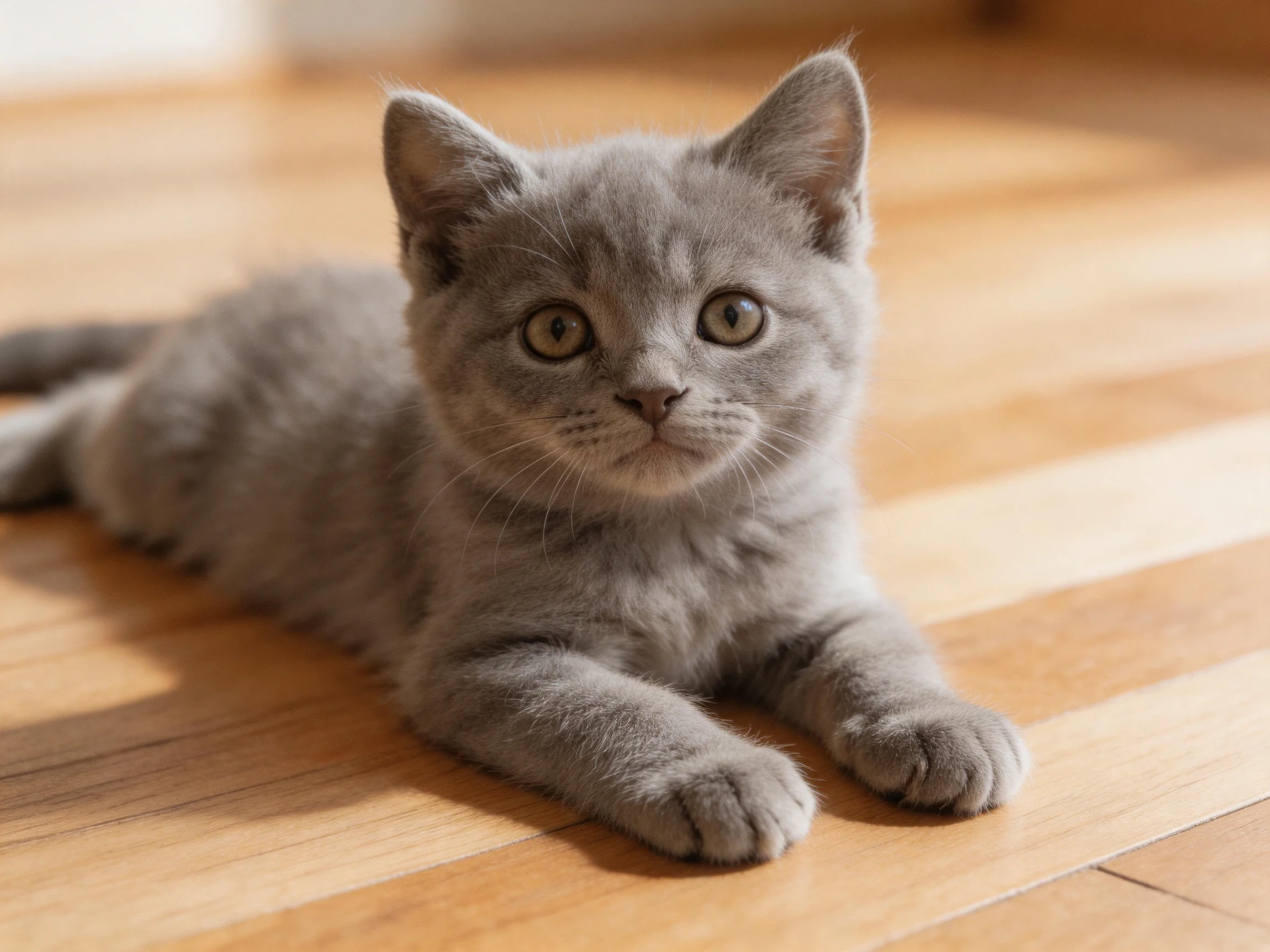 A gray kitten lies calmly on a wooden floor under soft light.
