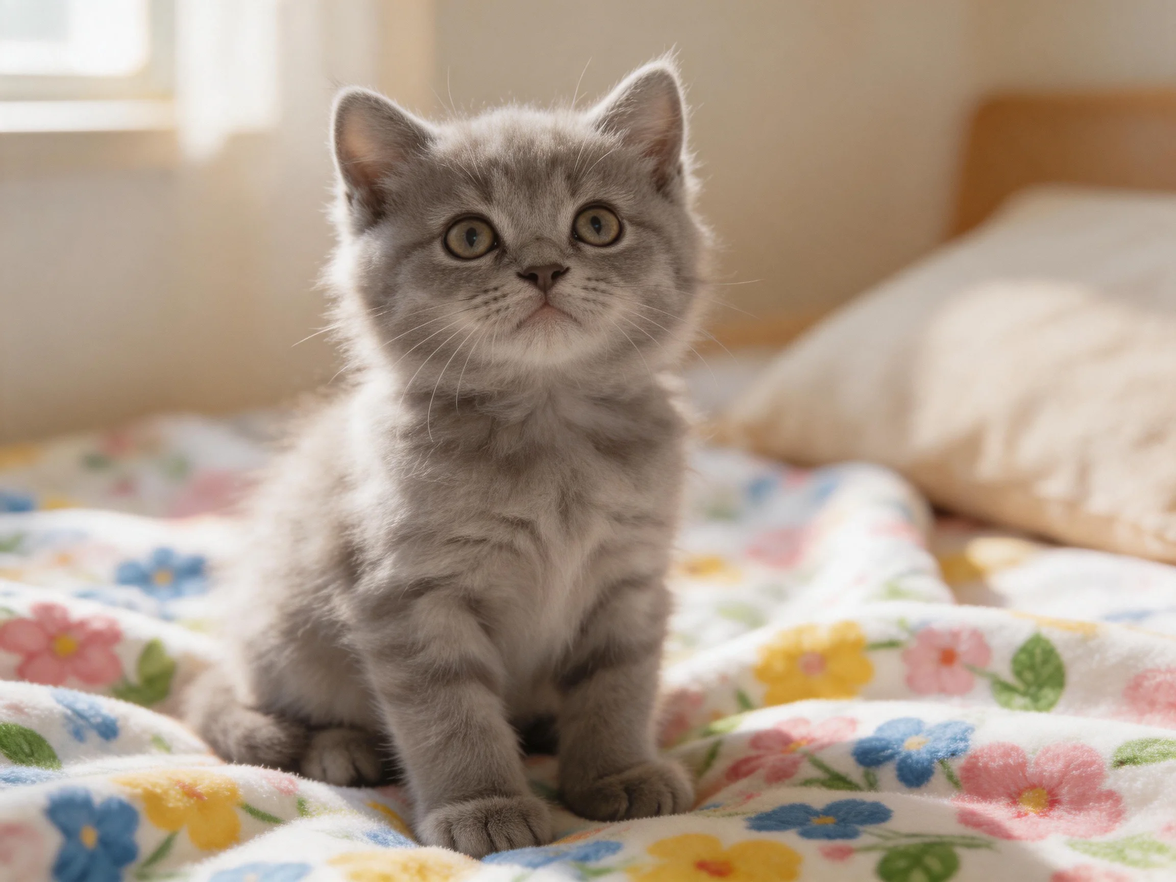 A small gray kitten sits on a floral bedspread in a softly lit room.