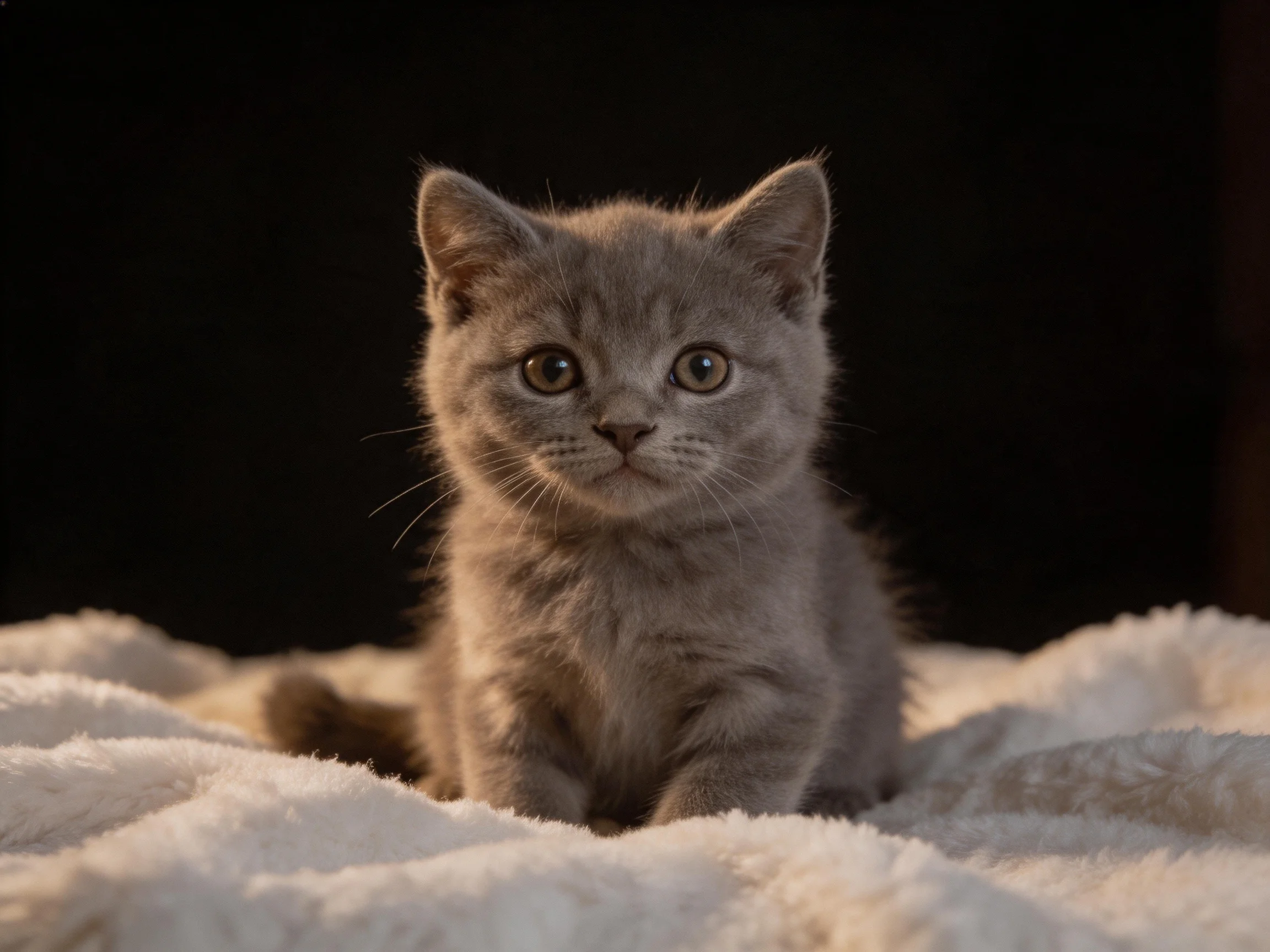 A small gray kitten sits on a white blanket with a dark background.