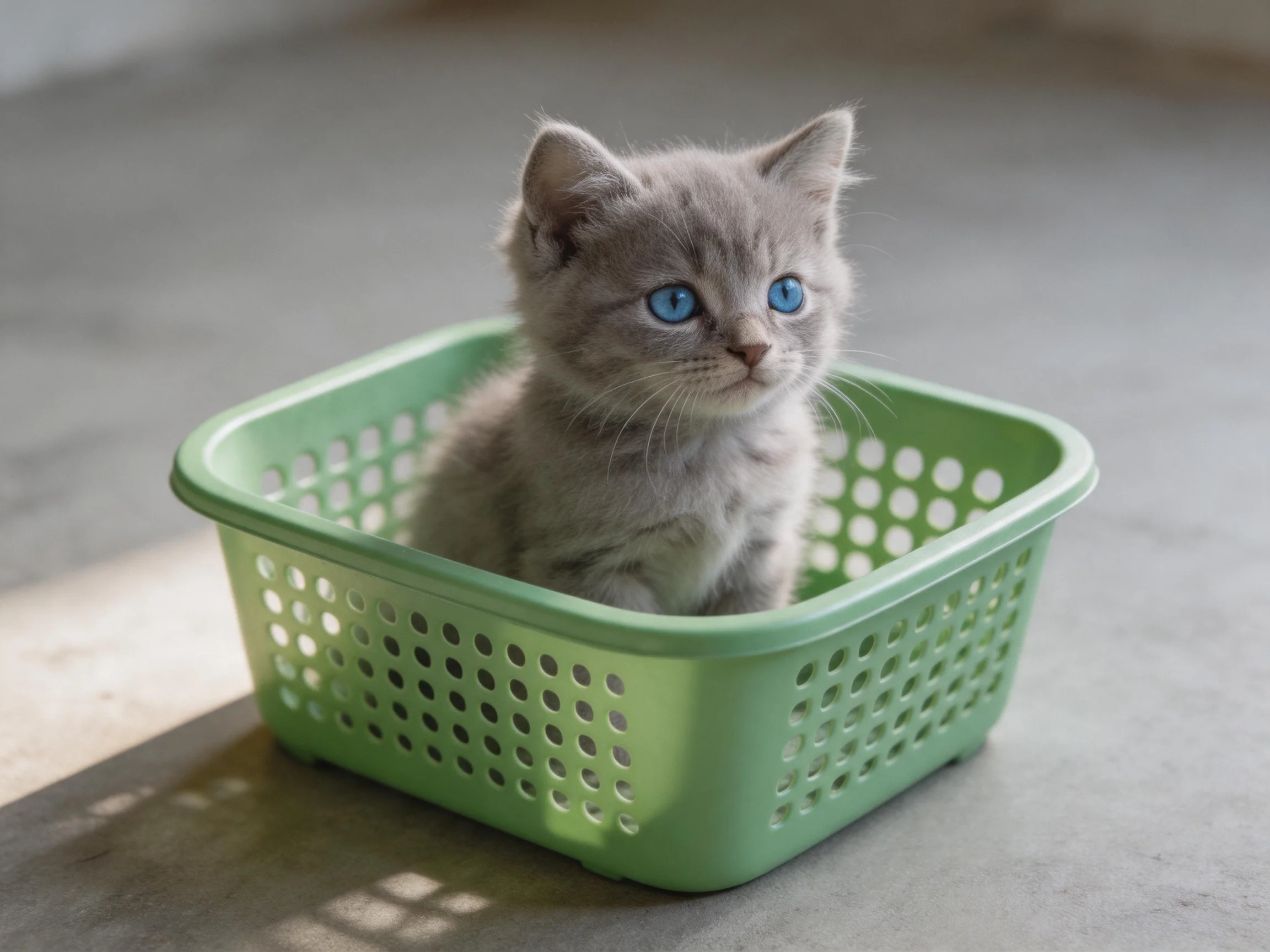 A small gray kitten sitting inside a mint-green plastic basket