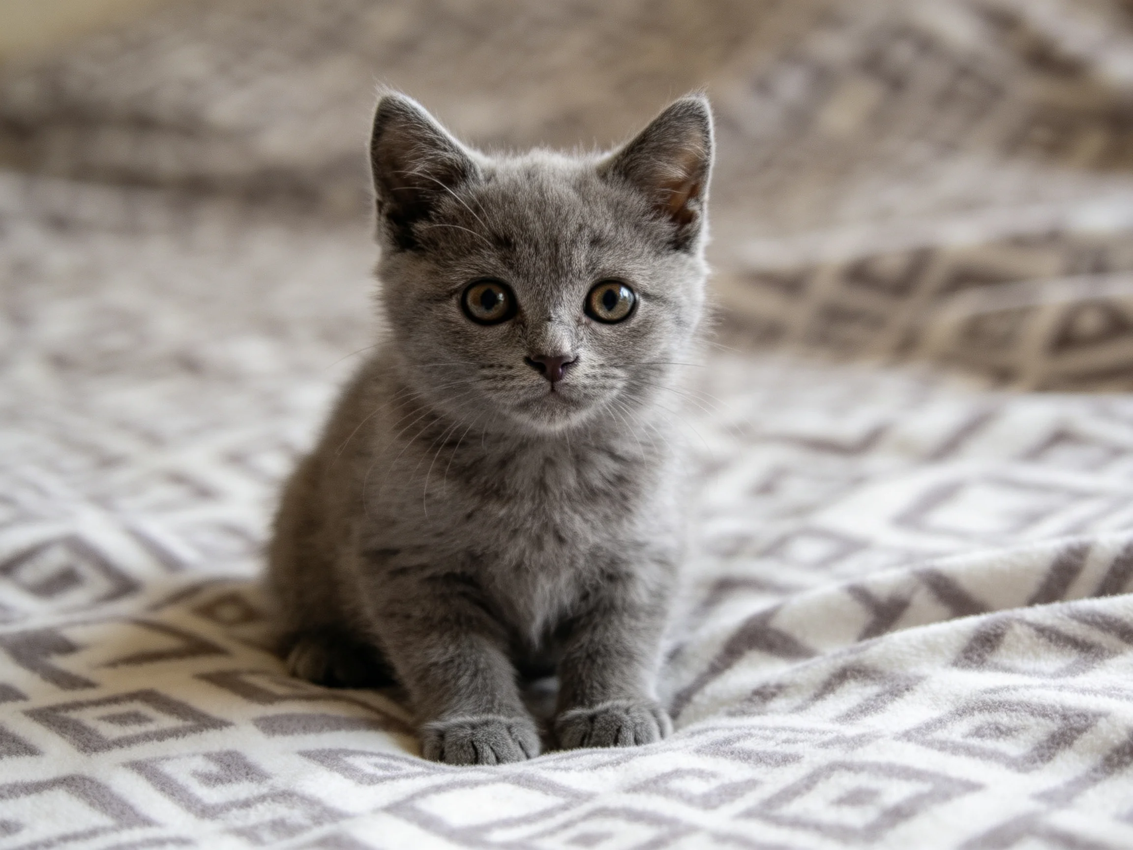 A single gray kitten sits calmly on a geometric-patterned fabric.