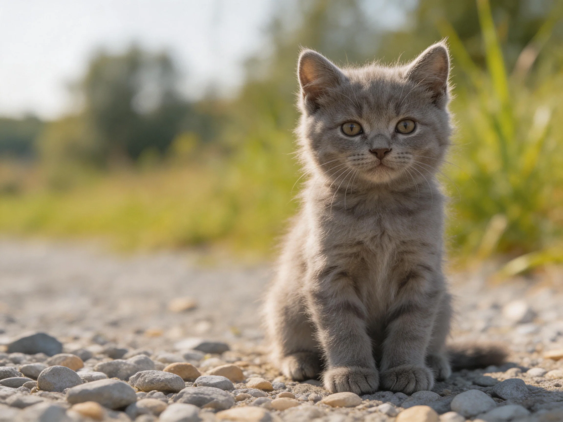 A small gray kitten sitting on a gravel path near greenery