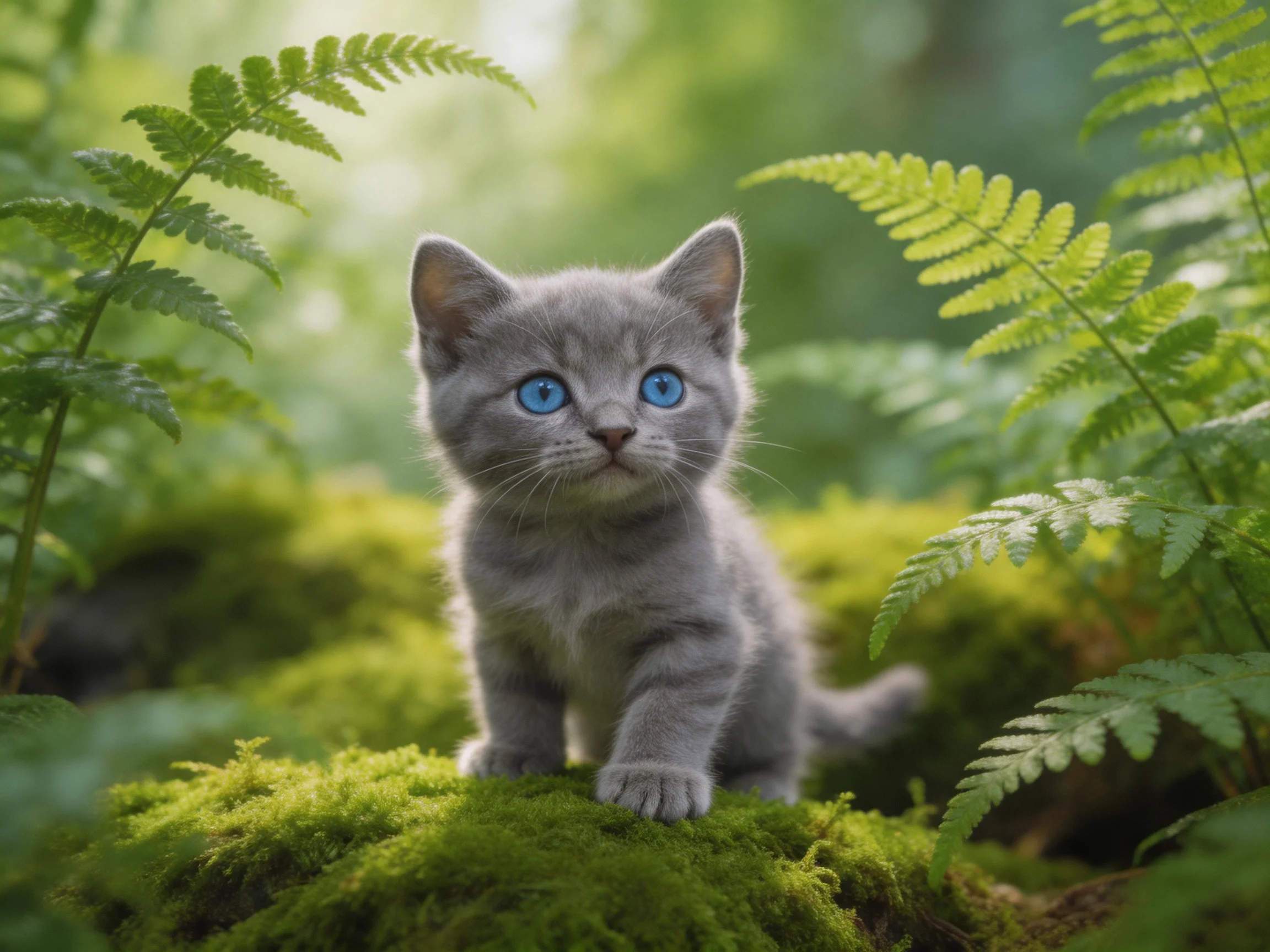 A small gray kitten with bright blue eyes explores a mossy area surrounded by ferns.