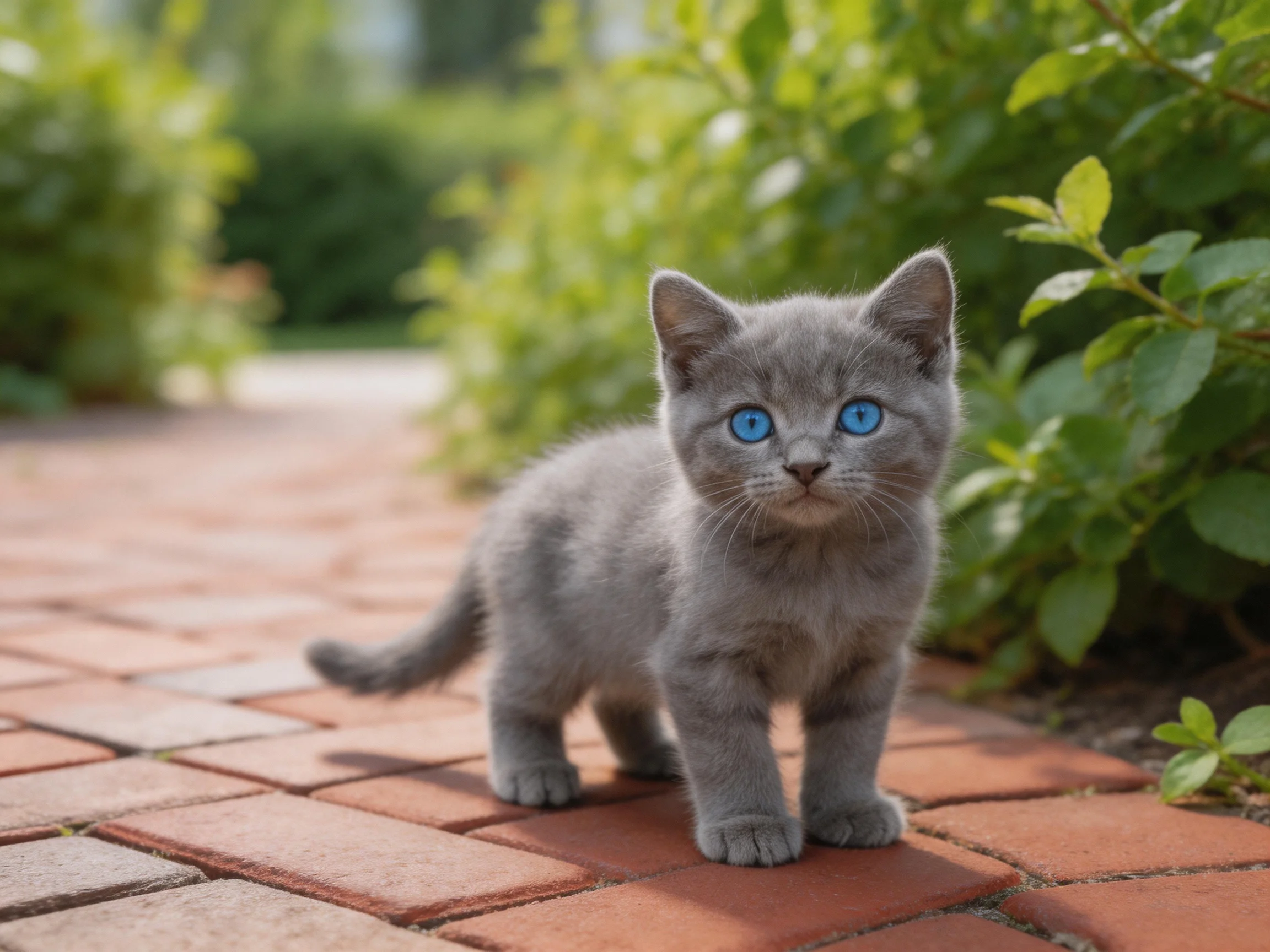 A small gray kitten with bright blue eyes stands on a brick path near greenery.