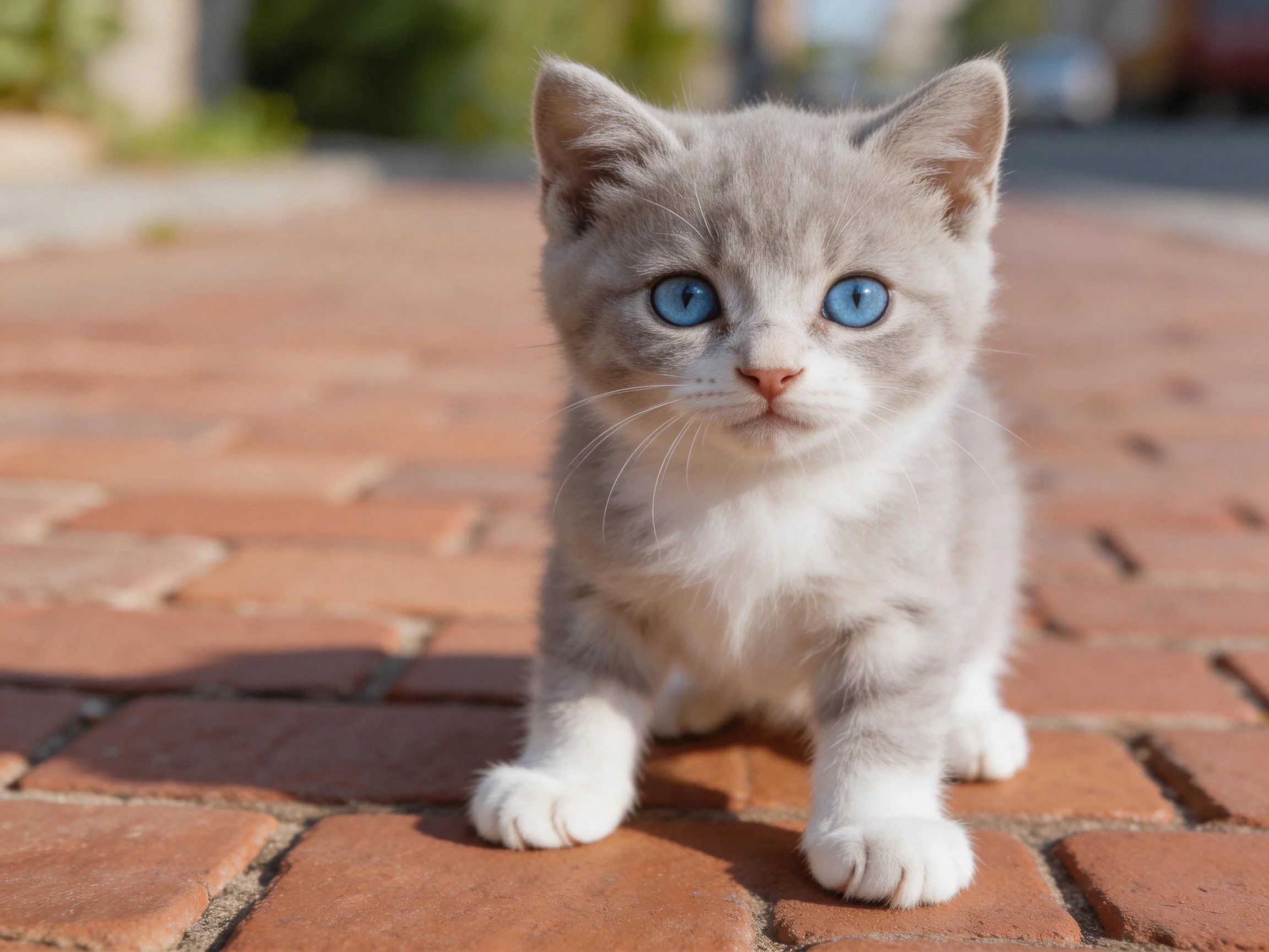 A small gray kitten with blue eyes sits on a brick-paved area.